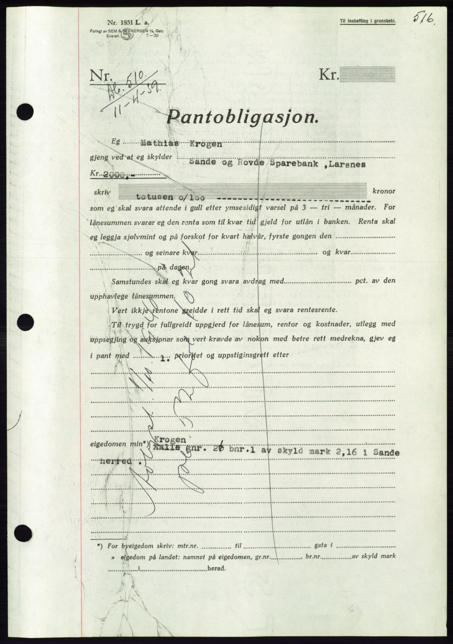 Søre Sunnmøre sorenskriveri, AV/SAT-A-4122/1/2/2C/L0067: Mortgage book no. 61, 1938-1939, Diary no: : 510/1939