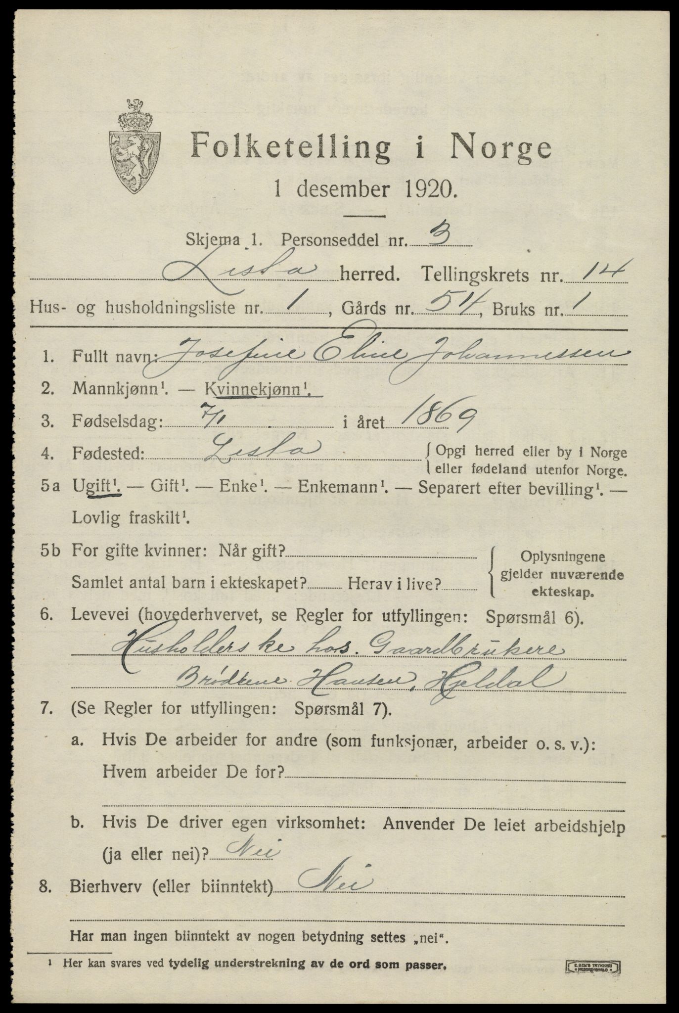 SAK, 1920 census for Lista, 1920, p. 12091