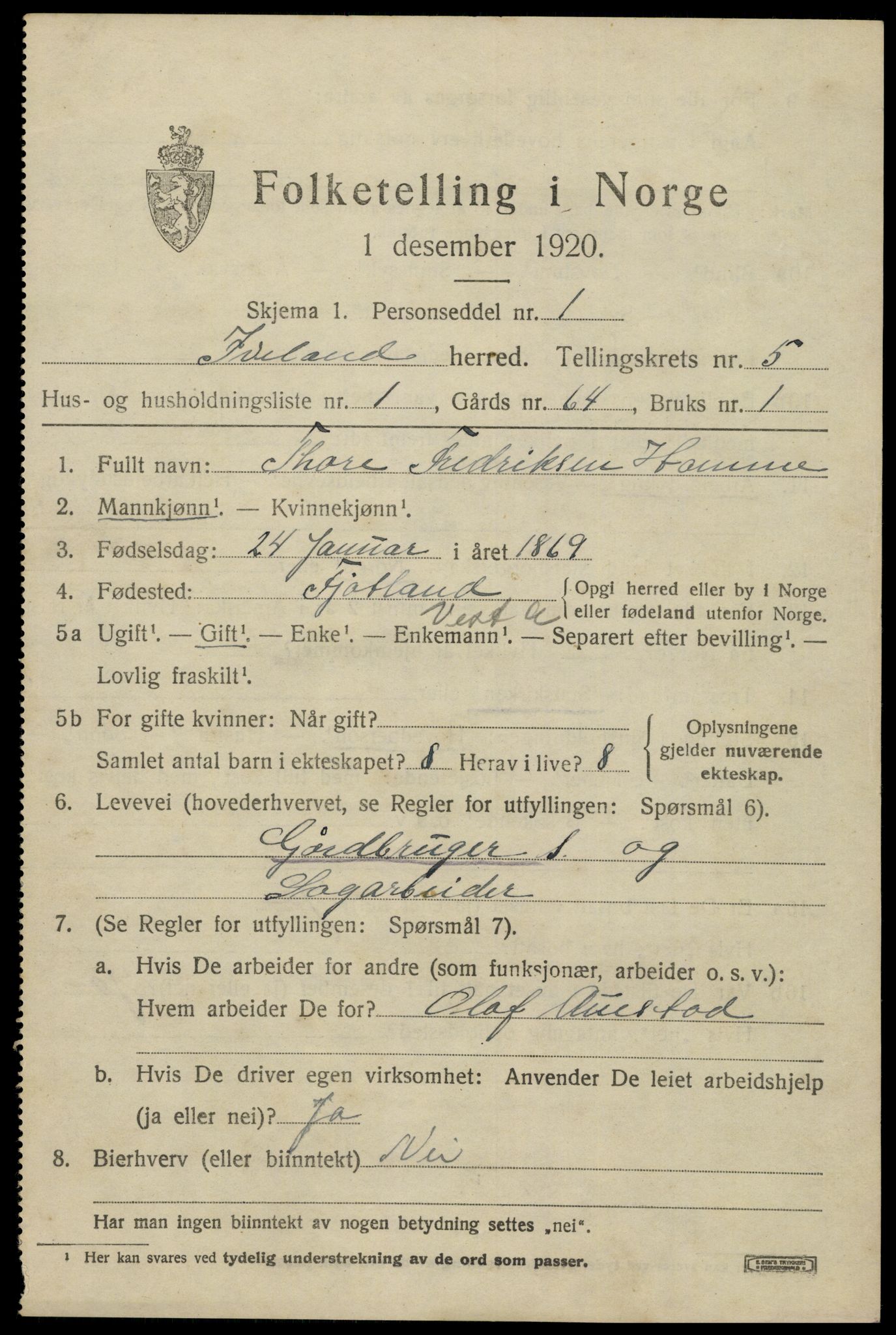 SAK, 1920 census for Iveland, 1920, p. 1585