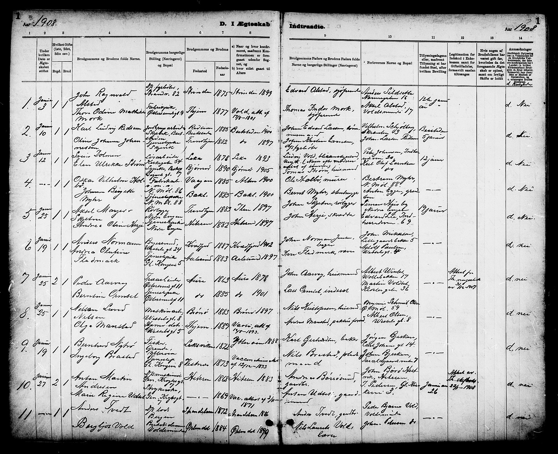 Ministerialprotokoller, klokkerbøker og fødselsregistre - Sør-Trøndelag, SAT/A-1456/605/L0255: Parish register (copy) no. 605C02, 1908-1918, p. 1