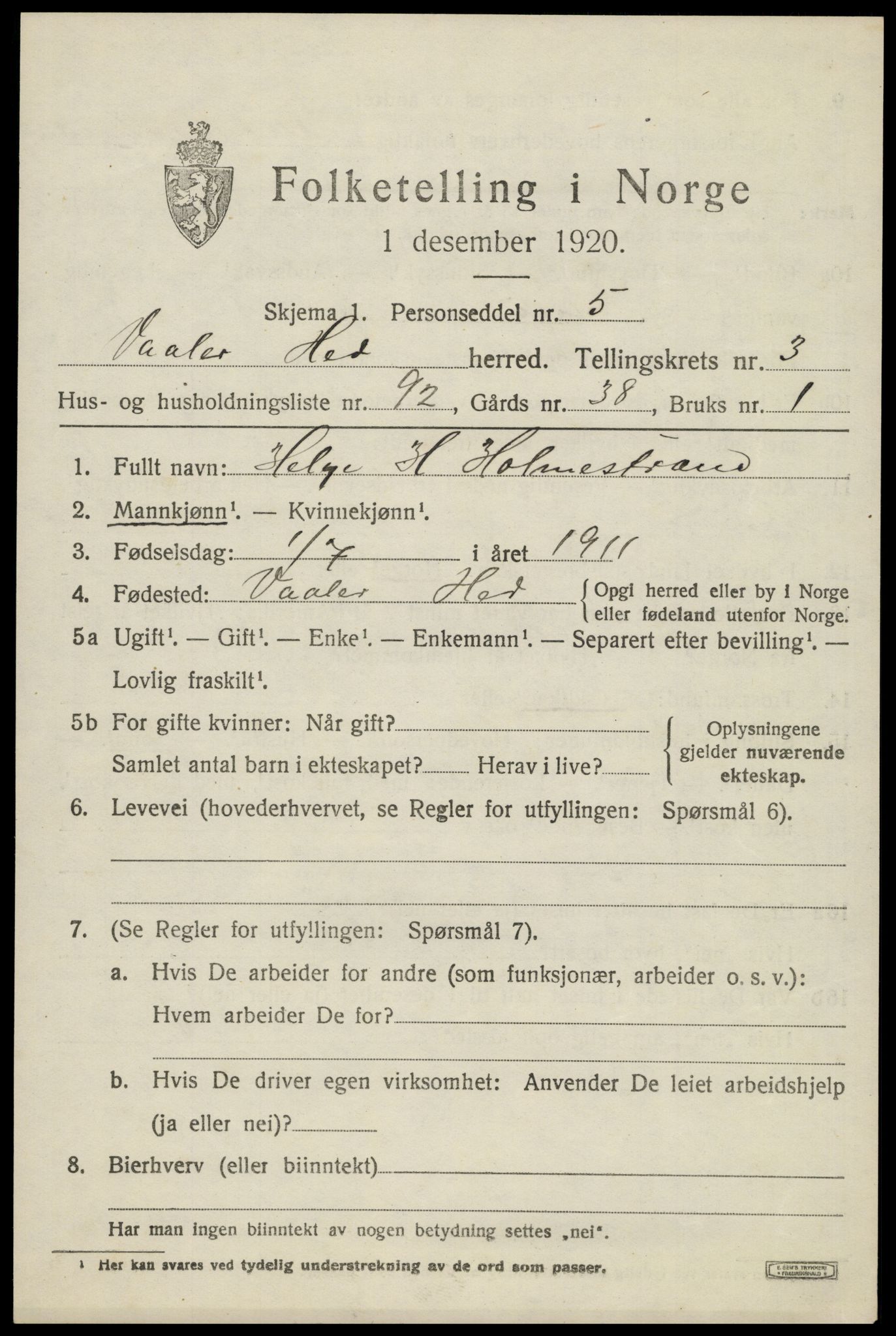 SAH, 1920 census for Våler (Hedmark), 1920, p. 4389