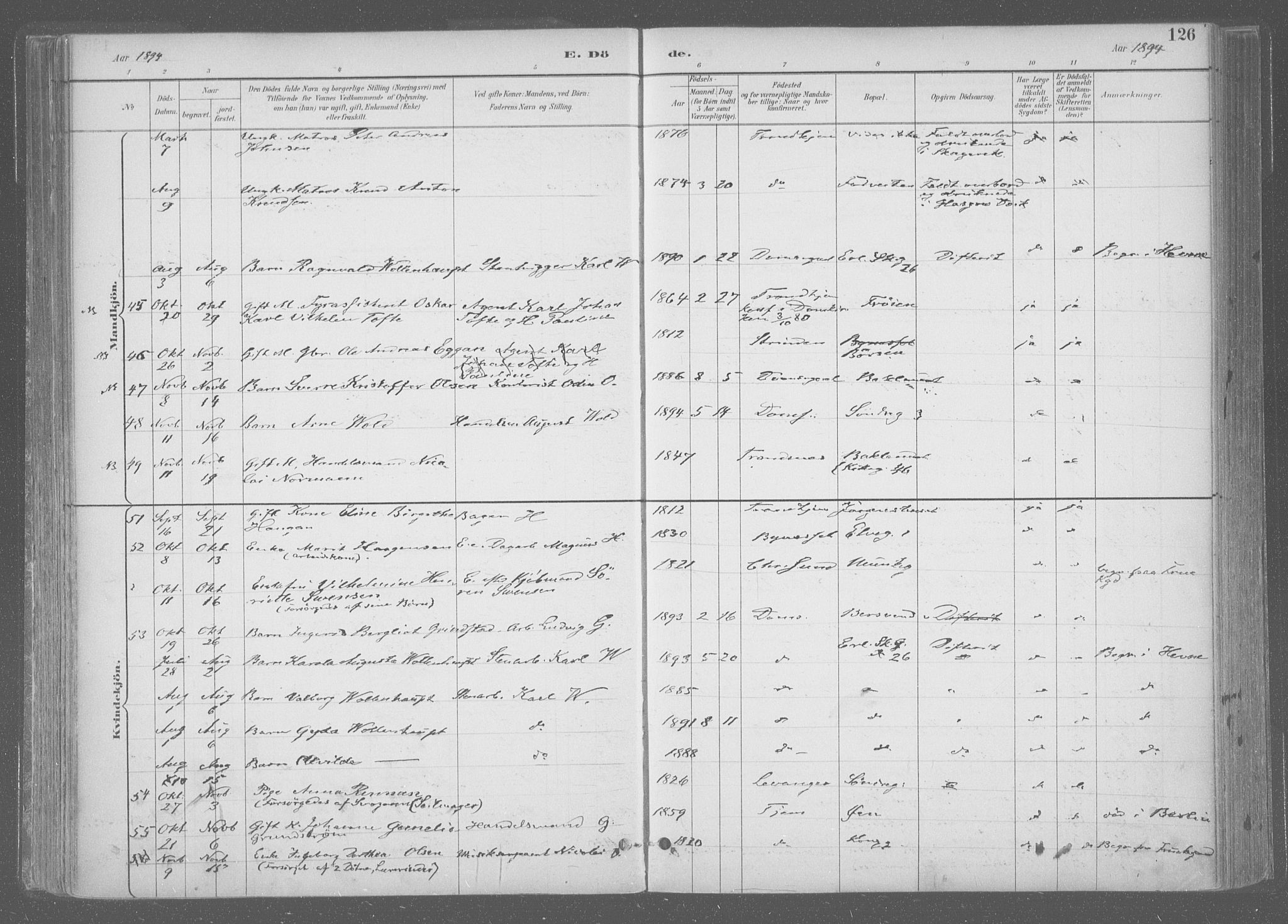 Ministerialprotokoller, klokkerbøker og fødselsregistre - Sør-Trøndelag, AV/SAT-A-1456/601/L0064: Parish register (official) no. 601A31, 1891-1911, p. 126