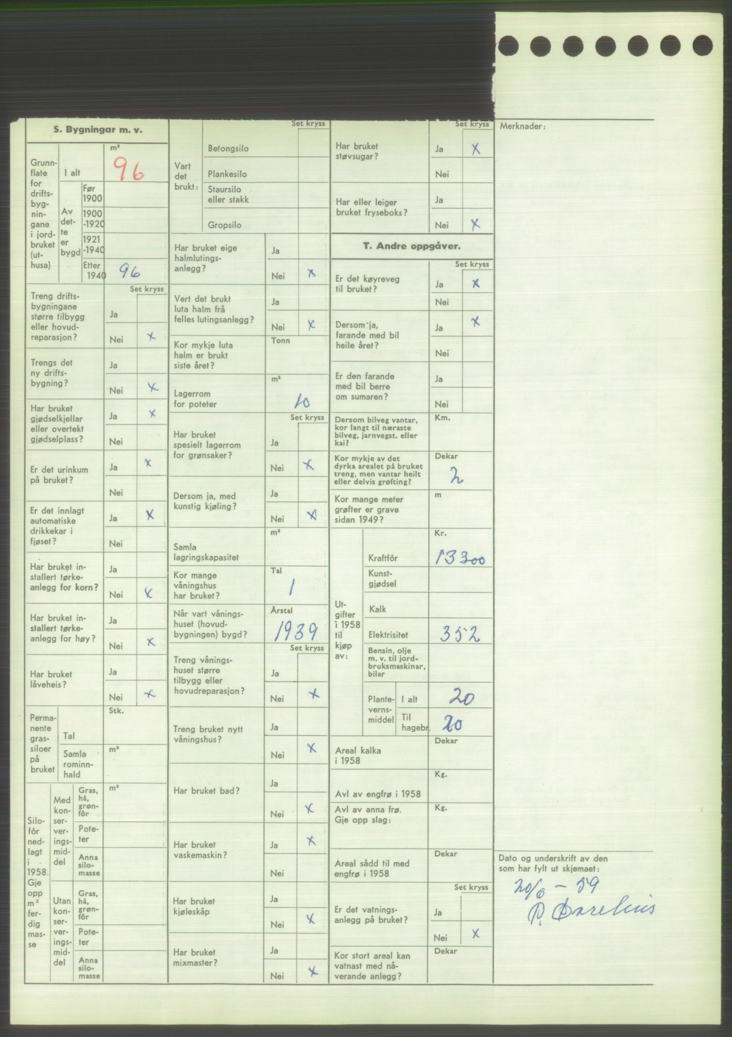 Statistisk sentralbyrå, Næringsøkonomiske emner, Jordbruk, skogbruk, jakt, fiske og fangst, AV/RA-S-2234/G/Gd/L0373: Rogaland: 1130 Strand (kl. 1-2), 1131 Årdal og 1132 Fister, 1959, p. 1804