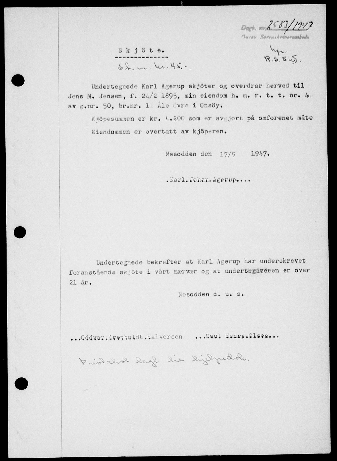 Onsøy sorenskriveri, SAO/A-10474/G/Ga/Gab/L0021: Mortgage book no. II A-21, 1947-1947, Diary no: : 2583/1947