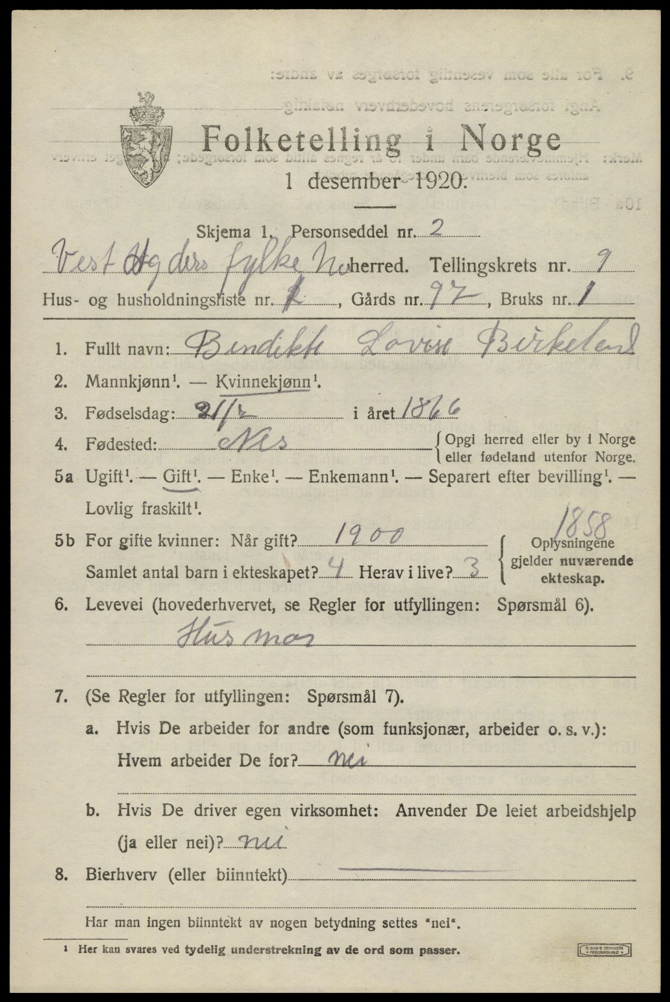 SAK, 1920 census for Nes (V-A), 1920, p. 3764