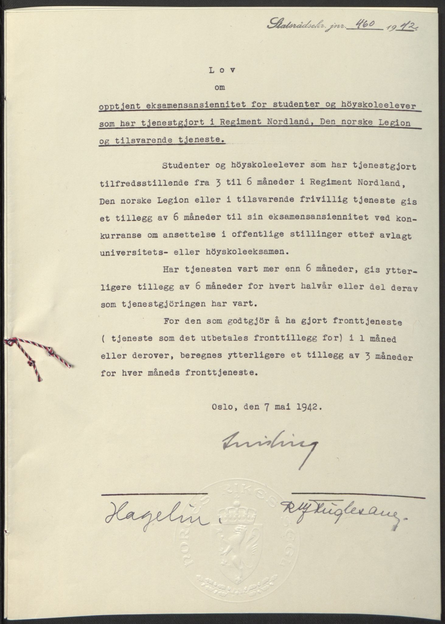 NS-administrasjonen 1940-1945 (Statsrådsekretariatet, de kommisariske statsråder mm), RA/S-4279/D/Db/L0097: Lover I, 1942, p. 332