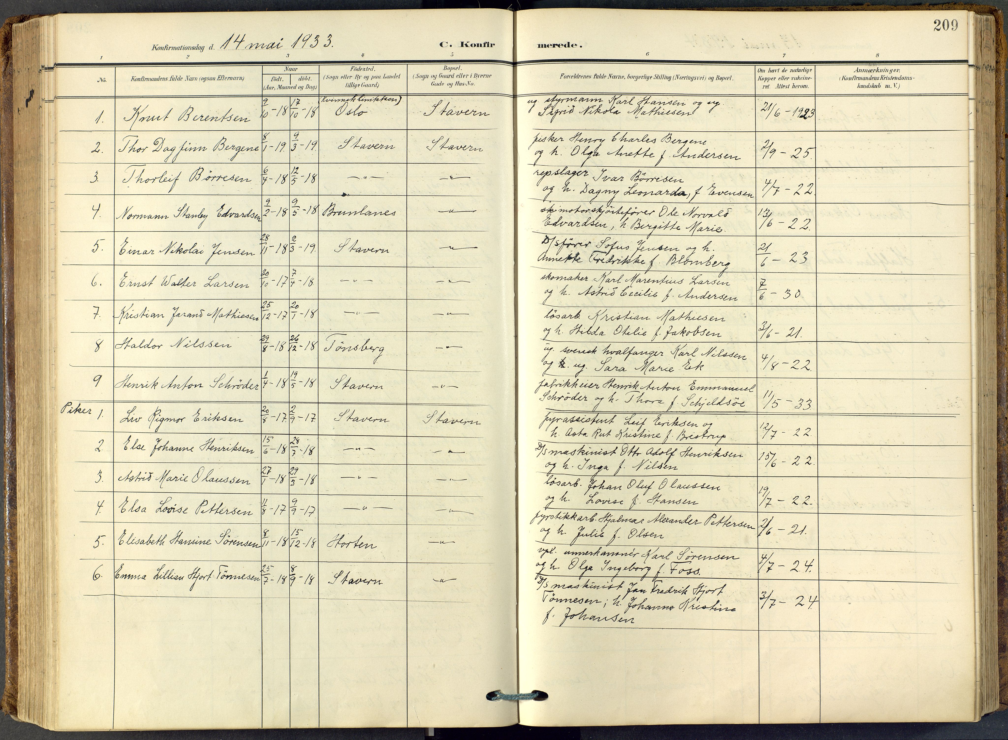 Stavern kirkebøker, SAKO/A-318/F/Fa/L0009: Parish register (official) no. 9, 1906-1955, p. 209