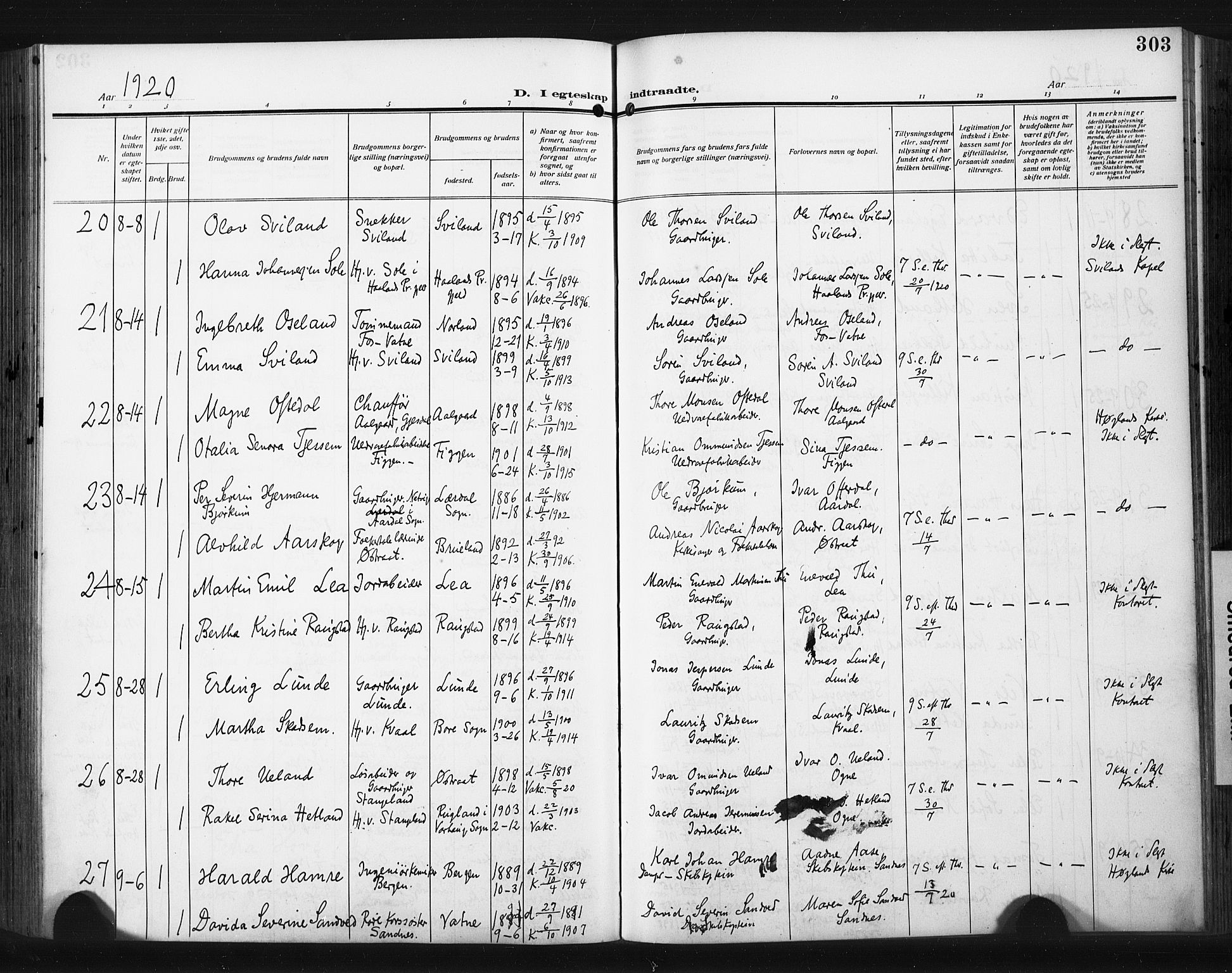 Høyland sokneprestkontor, AV/SAST-A-101799/001/30BA/L0017: Parish register (official) no. A 15, 1912-1924, p. 303