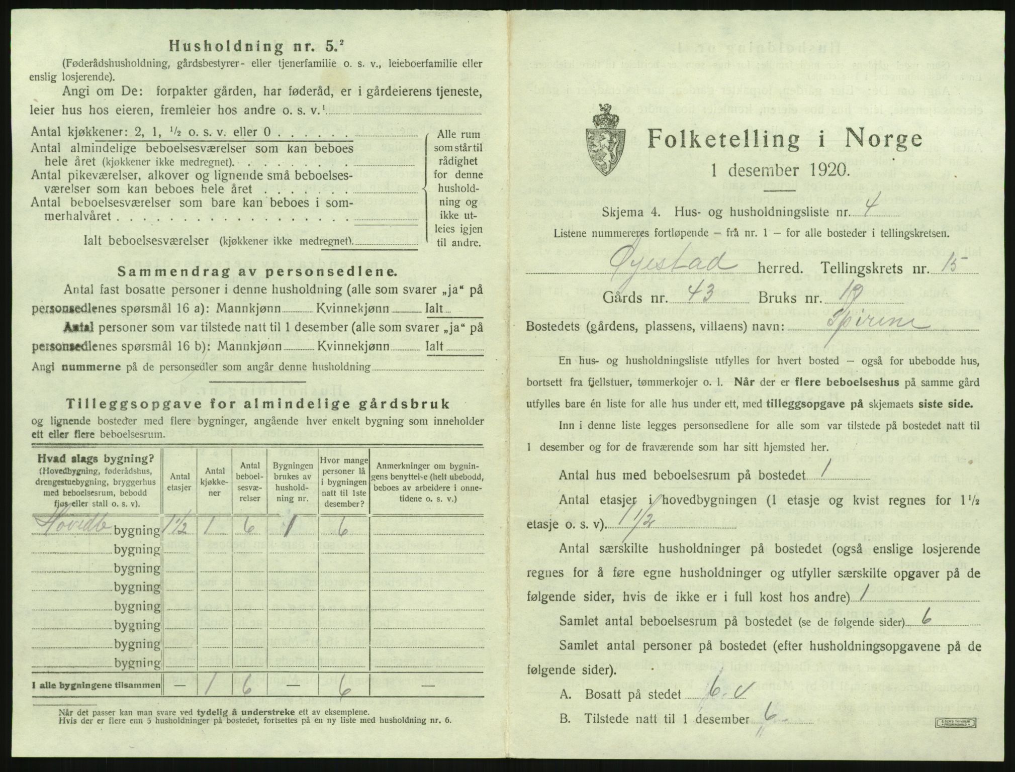 SAK, 1920 census for Øyestad, 1920, p. 1722