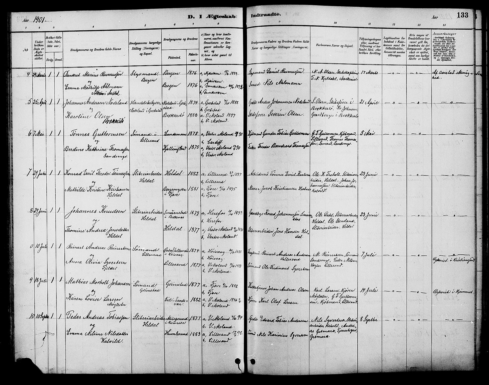 Vestre Moland sokneprestkontor, AV/SAK-1111-0046/F/Fb/Fbb/L0006: Parish register (copy) no. B 6, 1884-1905, p. 133