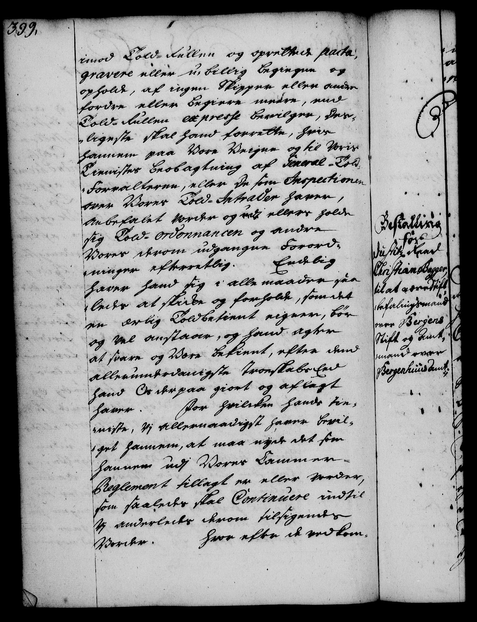 Rentekammeret, Kammerkanselliet, RA/EA-3111/G/Gg/Gge/L0002: Norsk bestallingsprotokoll med register (merket RK 53.26), 1730-1744, p. 399