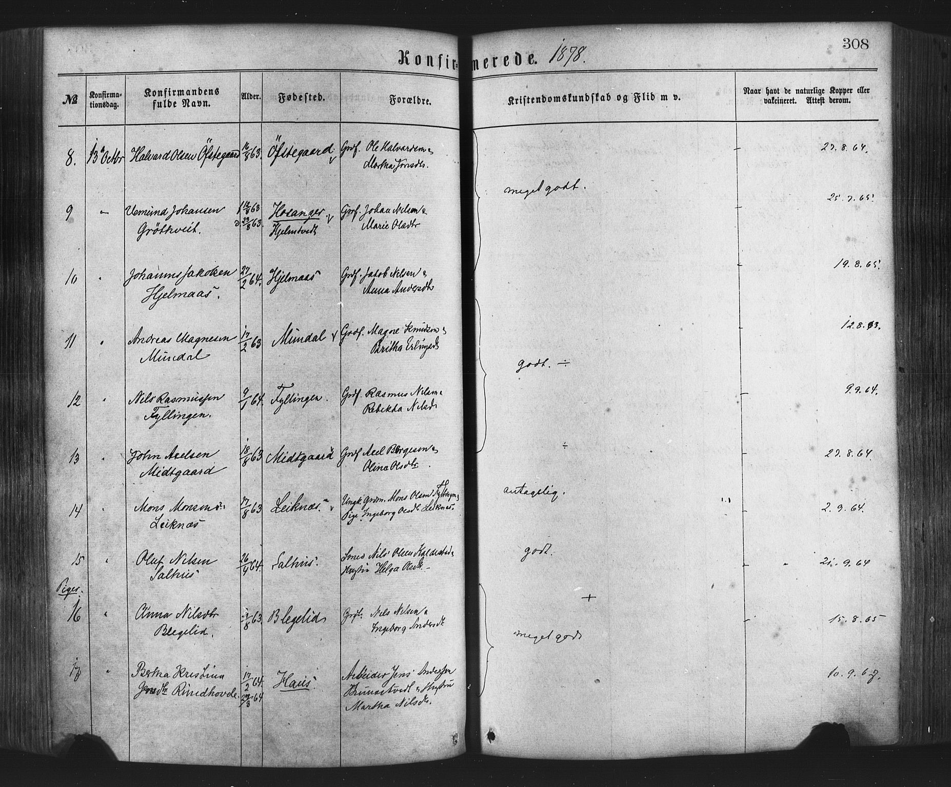 Hamre sokneprestembete, AV/SAB-A-75501/H/Ha/Haa/Haaa/L0015: Parish register (official) no. A 15, 1870-1881, p. 308