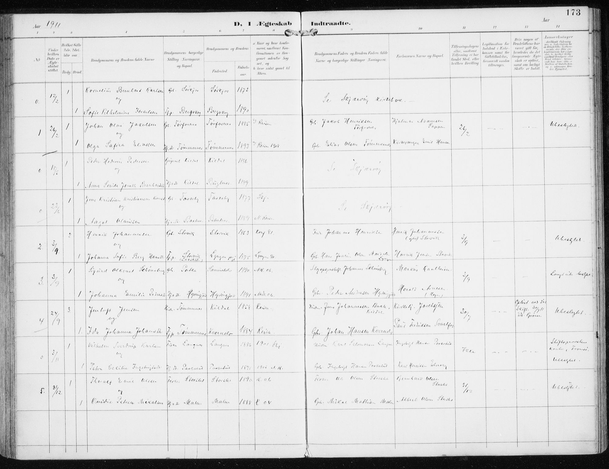 Skjervøy sokneprestkontor, AV/SATØ-S-1300/H/Ha/Haa/L0017kirke: Parish register (official) no. 17, 1895-1911, p. 173