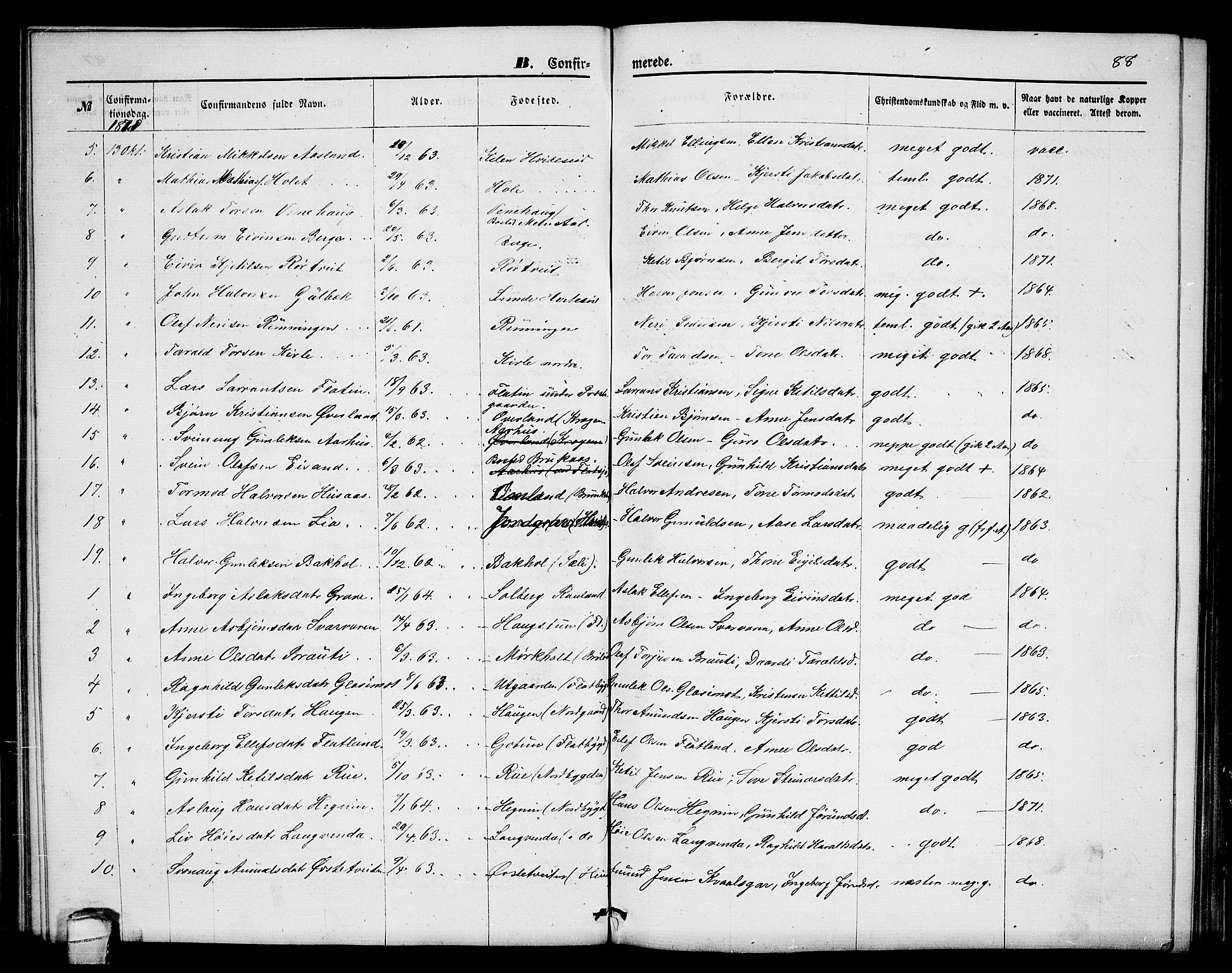 Seljord kirkebøker, AV/SAKO-A-20/G/Ga/L0004: Parish register (copy) no. I 4, 1873-1886, p. 88