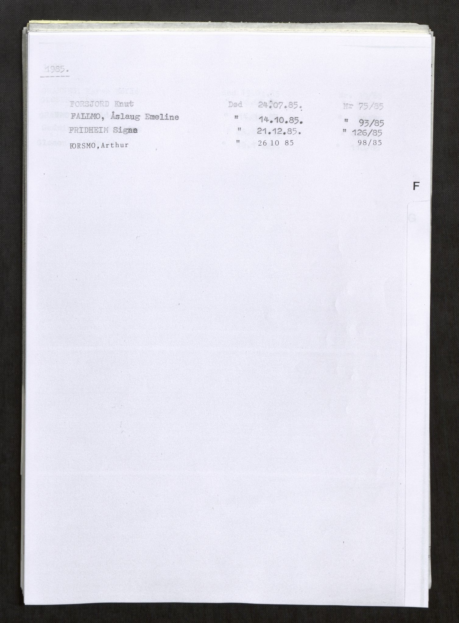 Vefsn lensmannskontor, AV/SAT-A-5714/4/Gh/L0003: Dødsfallprotokoll, 1985-1989