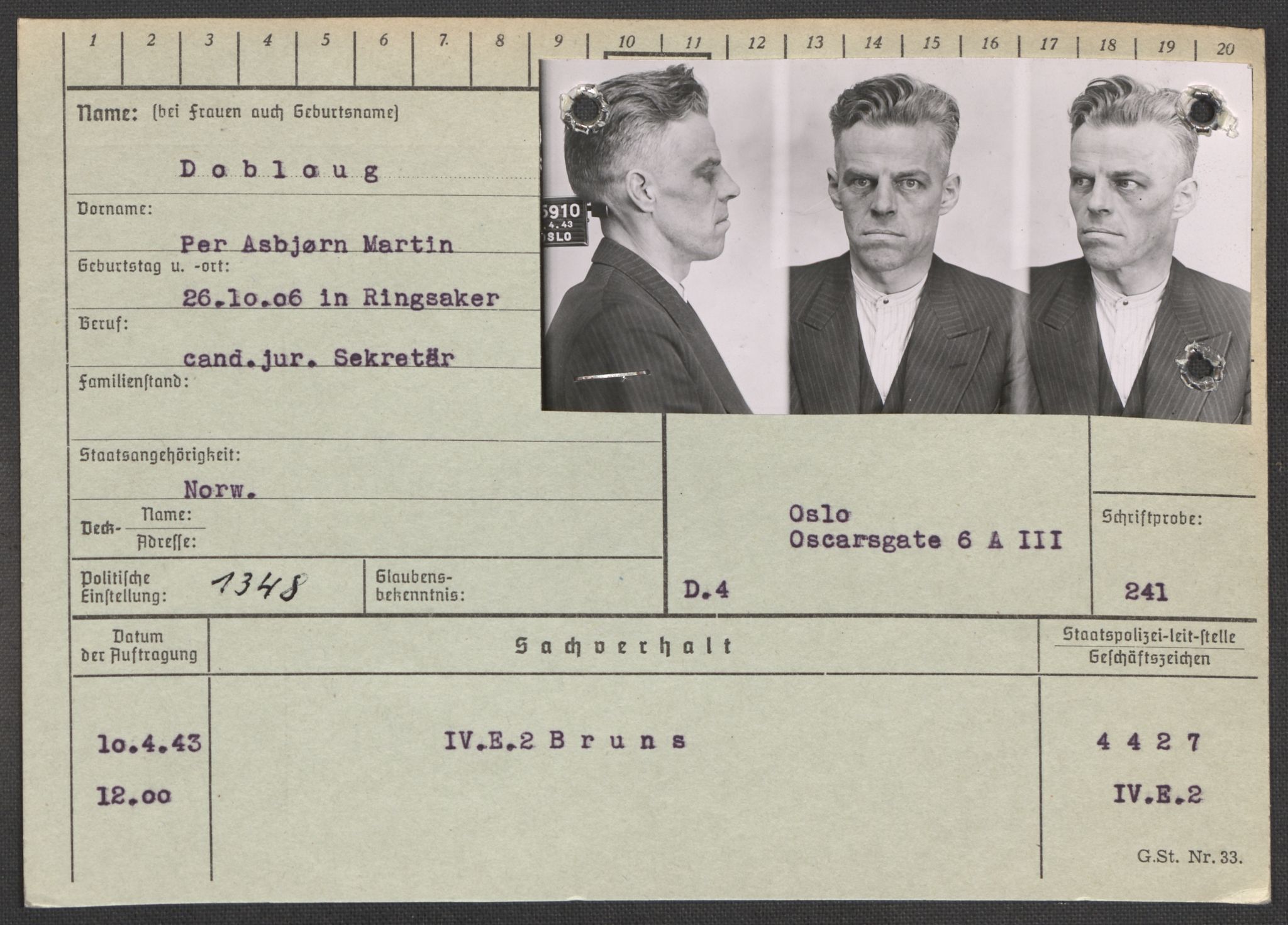 Befehlshaber der Sicherheitspolizei und des SD, RA/RAFA-5969/E/Ea/Eaa/L0002: Register over norske fanger i Møllergata 19: Bj-Eng, 1940-1945, p. 1055