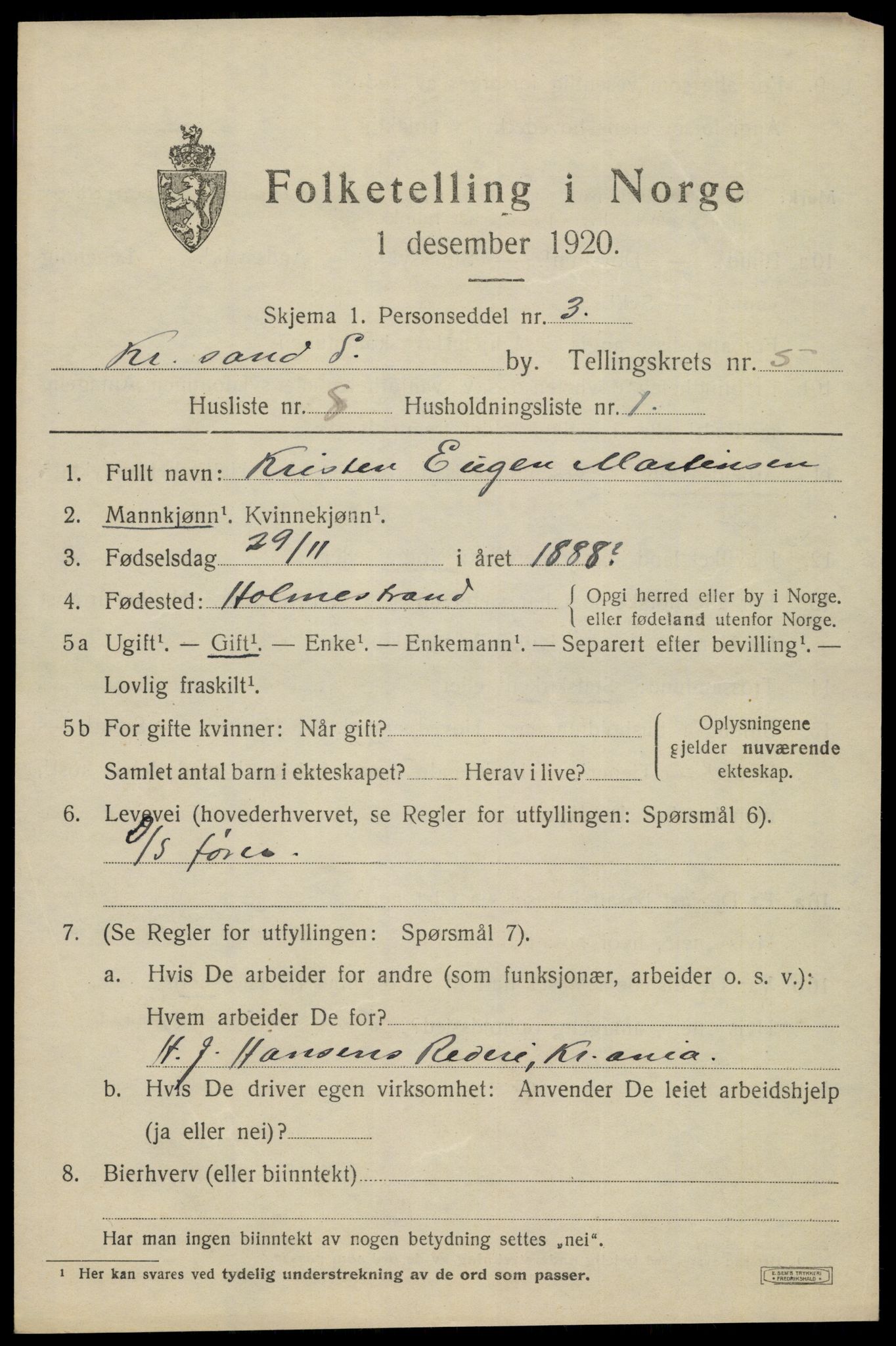 SAK, 1920 census for Kristiansand, 1920, p. 16941