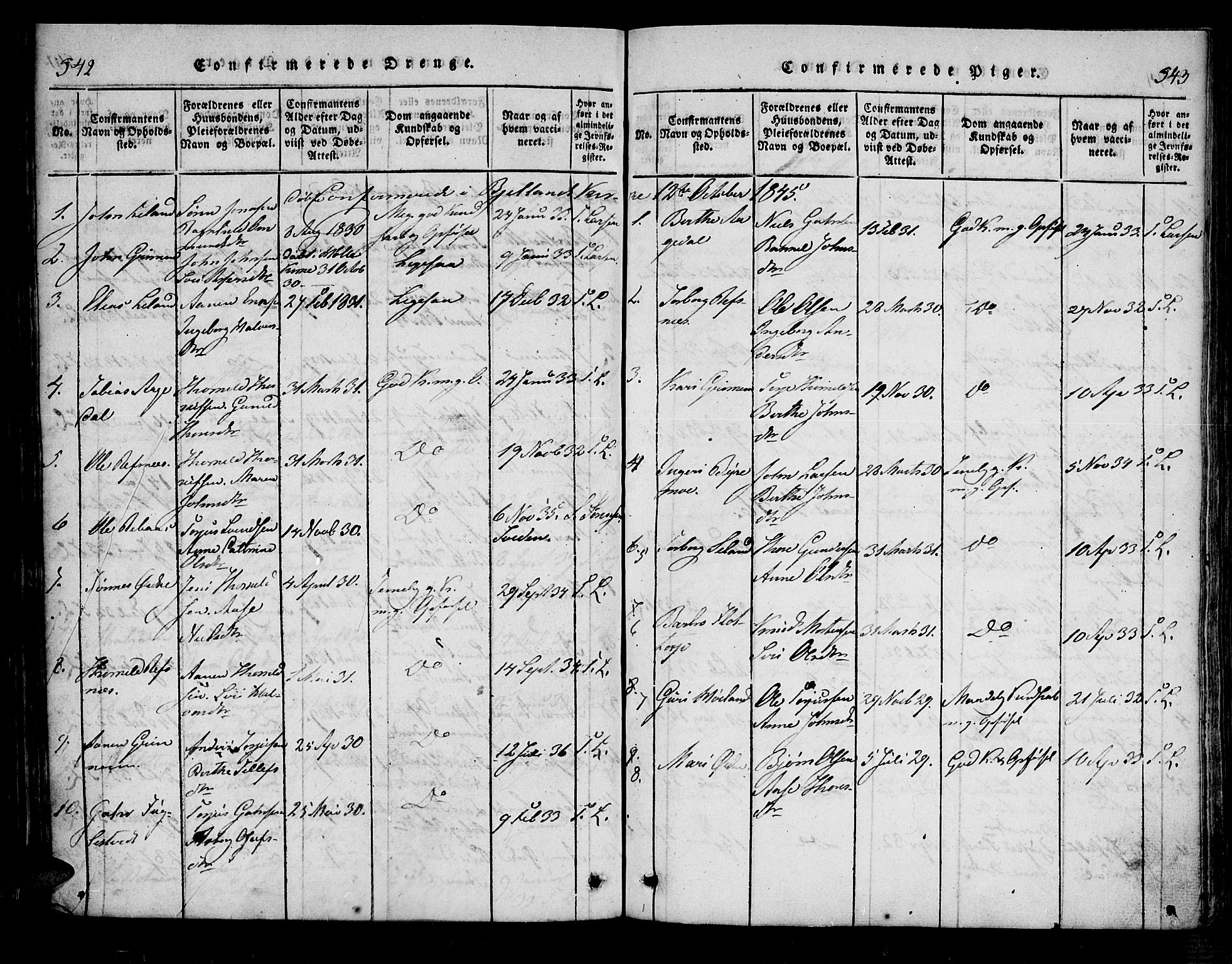 Bjelland sokneprestkontor, AV/SAK-1111-0005/F/Fa/Fac/L0001: Parish register (official) no. A 1, 1815-1866, p. 542-543