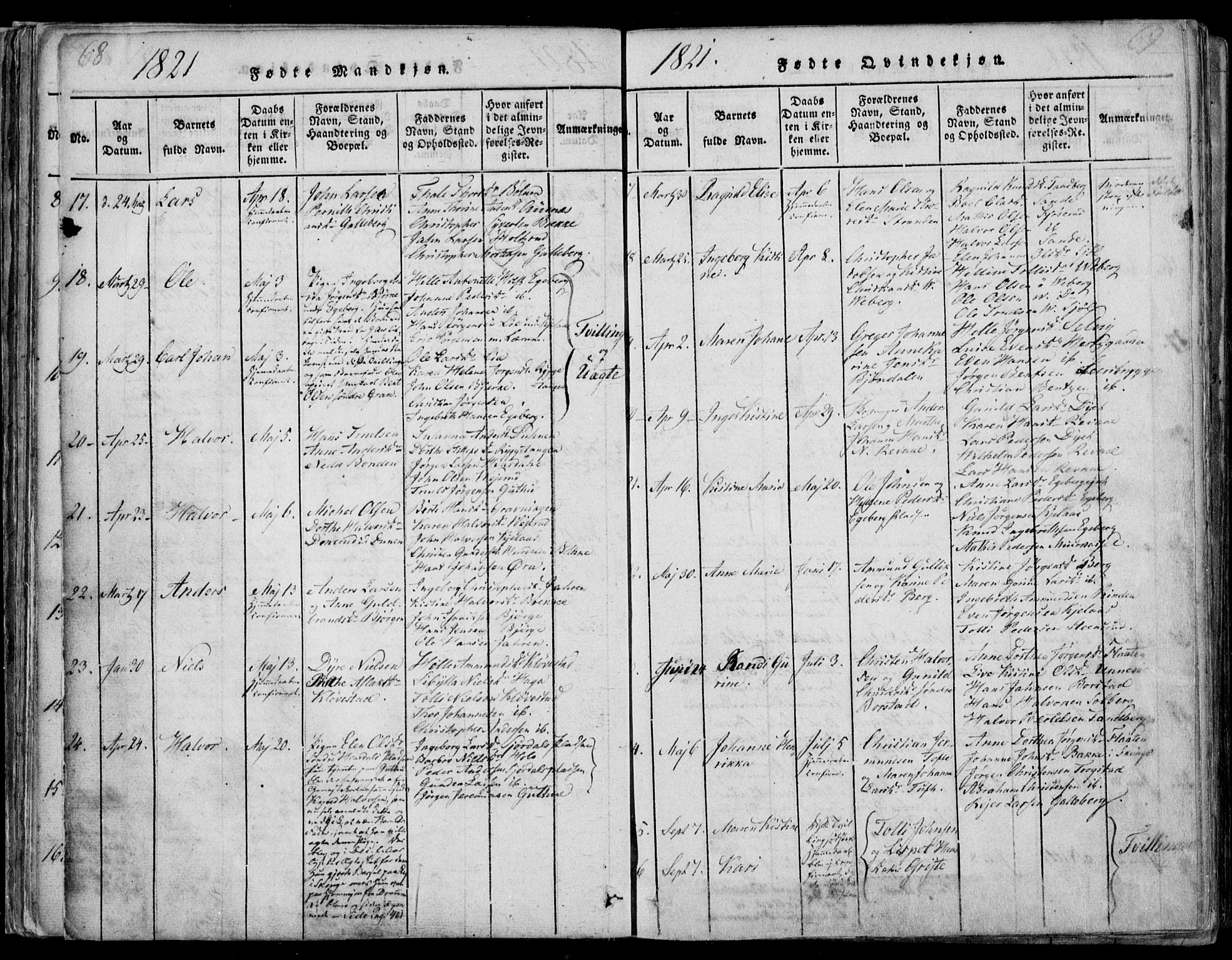 Sande Kirkebøker, AV/SAKO-A-53/F/Fa/L0003: Parish register (official) no. 3, 1814-1847, p. 68-69