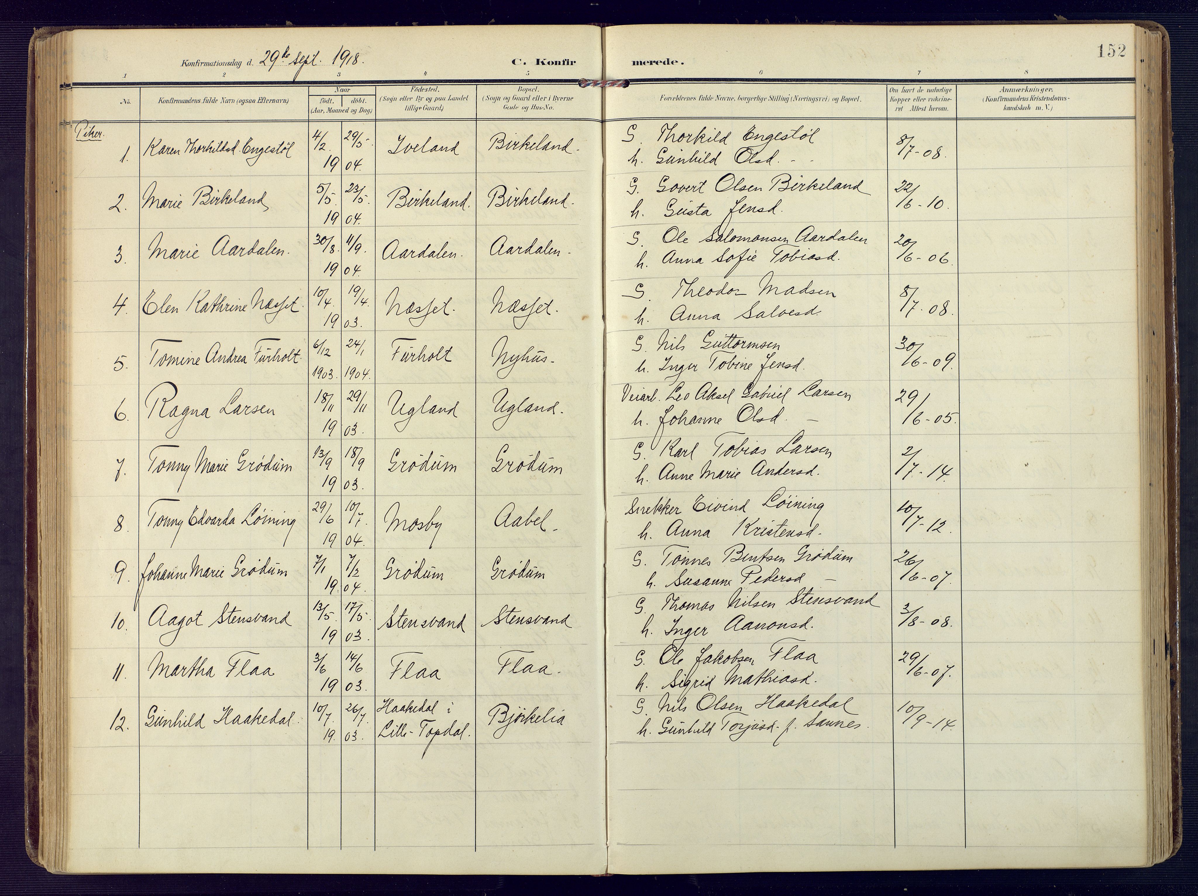 Birkenes sokneprestkontor, SAK/1111-0004/F/Fa/L0006: Parish register (official) no. A 6, 1908-1932, p. 152