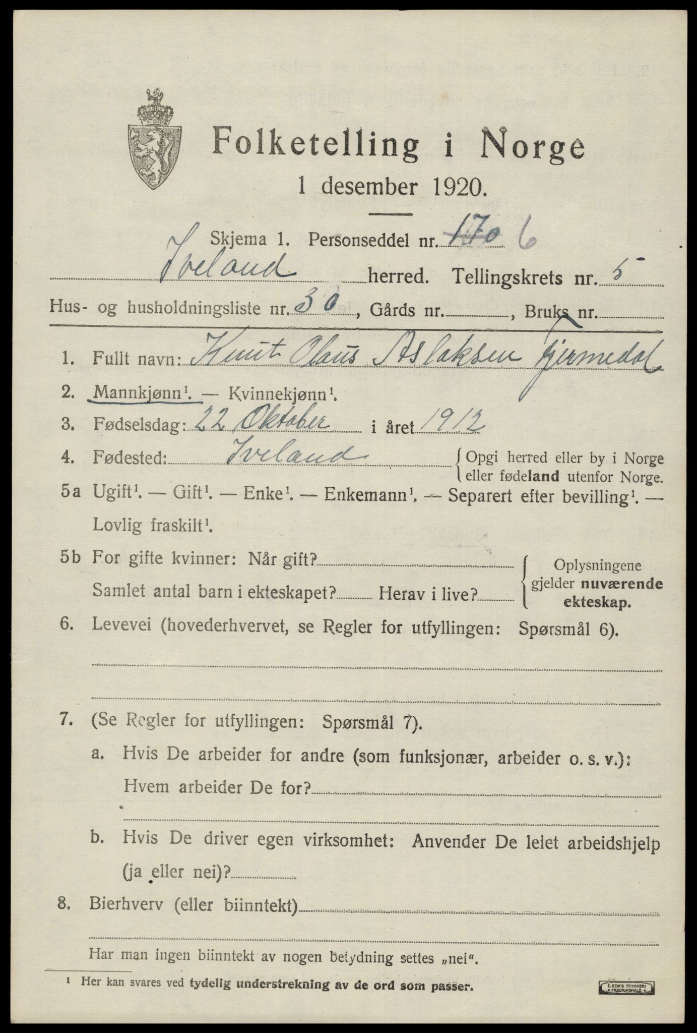 SAK, 1920 census for Iveland, 1920, p. 1925