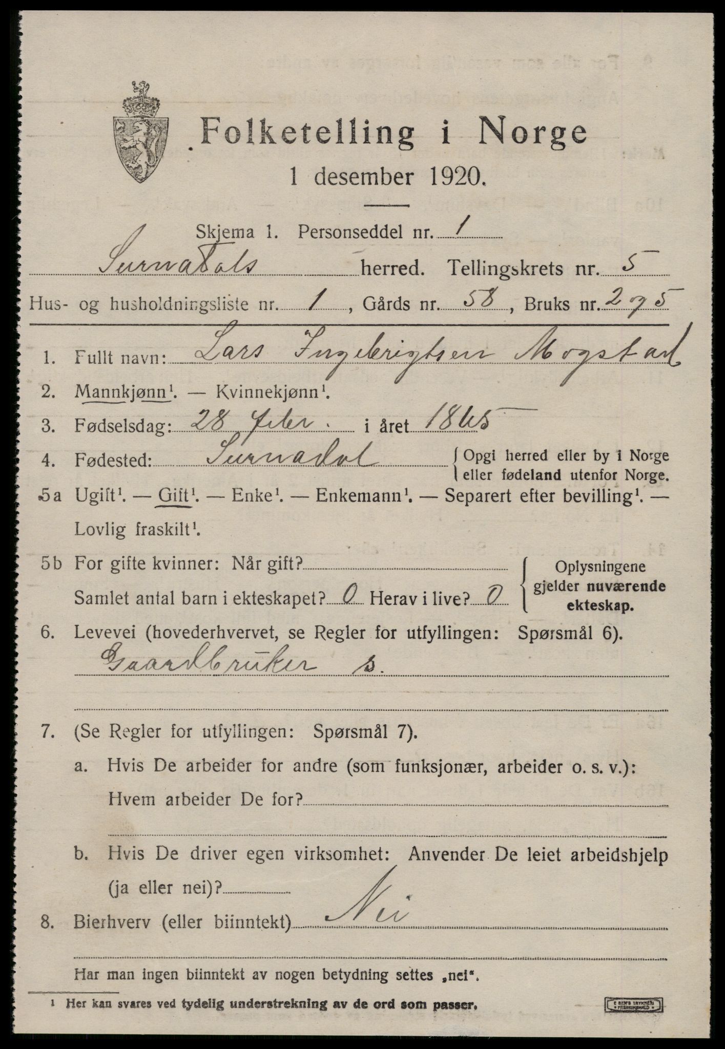 SAT, 1920 census for Surnadal, 1920, p. 3803