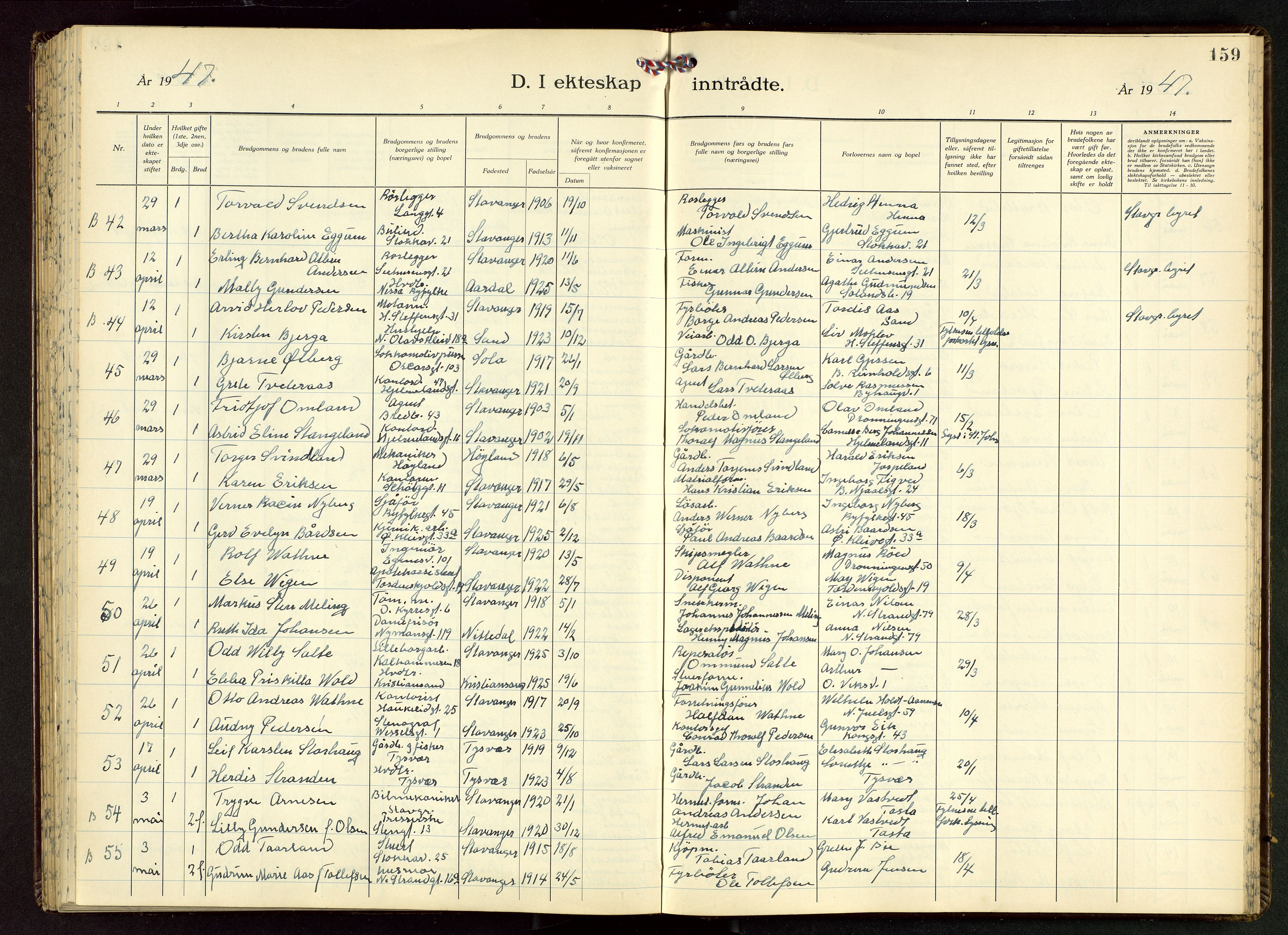 Domkirken sokneprestkontor, AV/SAST-A-101812/001/30/30BB/L0022: Parish register (copy) no. B 22, 1937-1949, p. 159