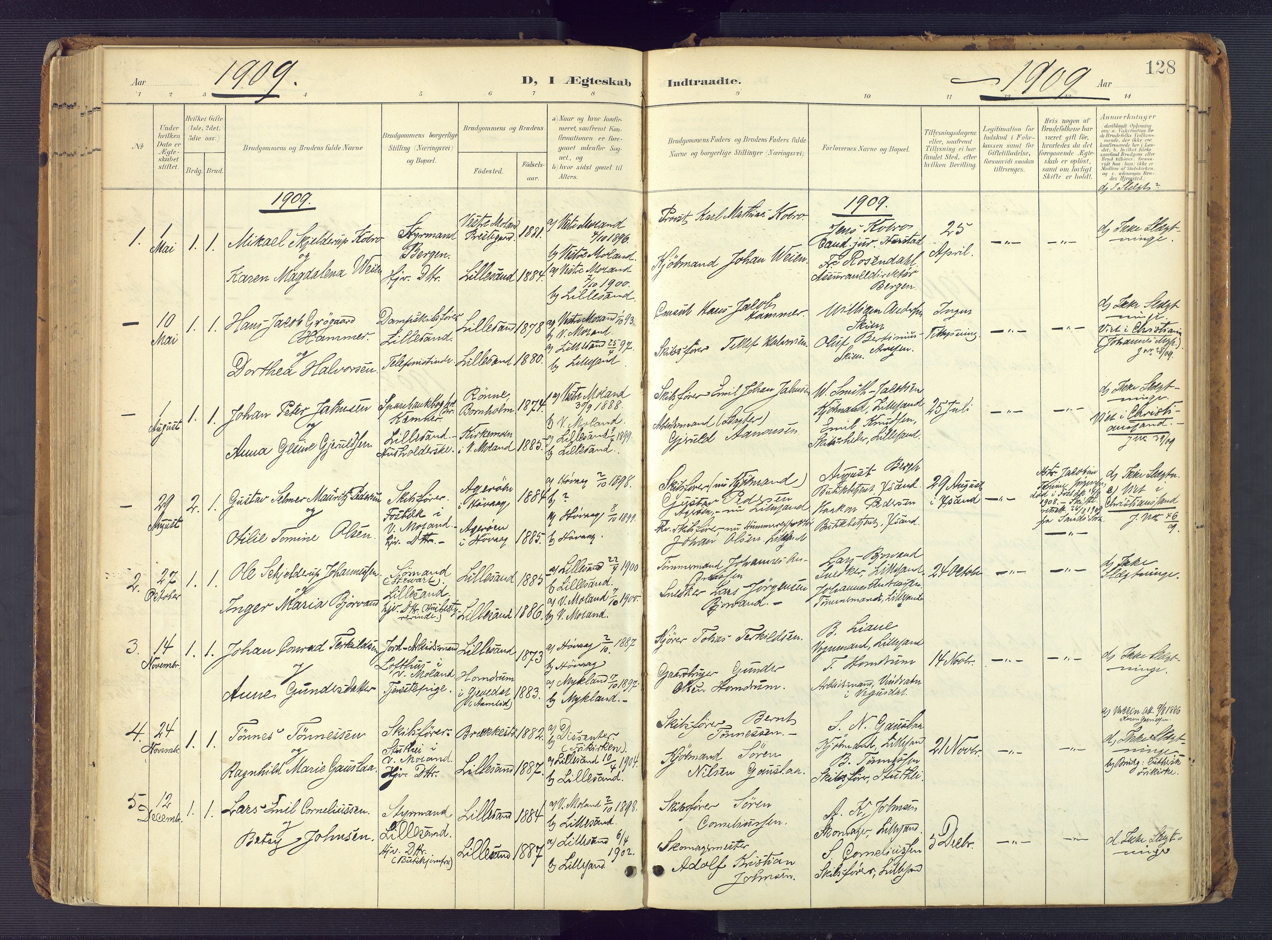 Vestre Moland sokneprestkontor, AV/SAK-1111-0046/F/Fa/Faa/L0002: Parish register (official) no. A 2, 1900-1926, p. 128