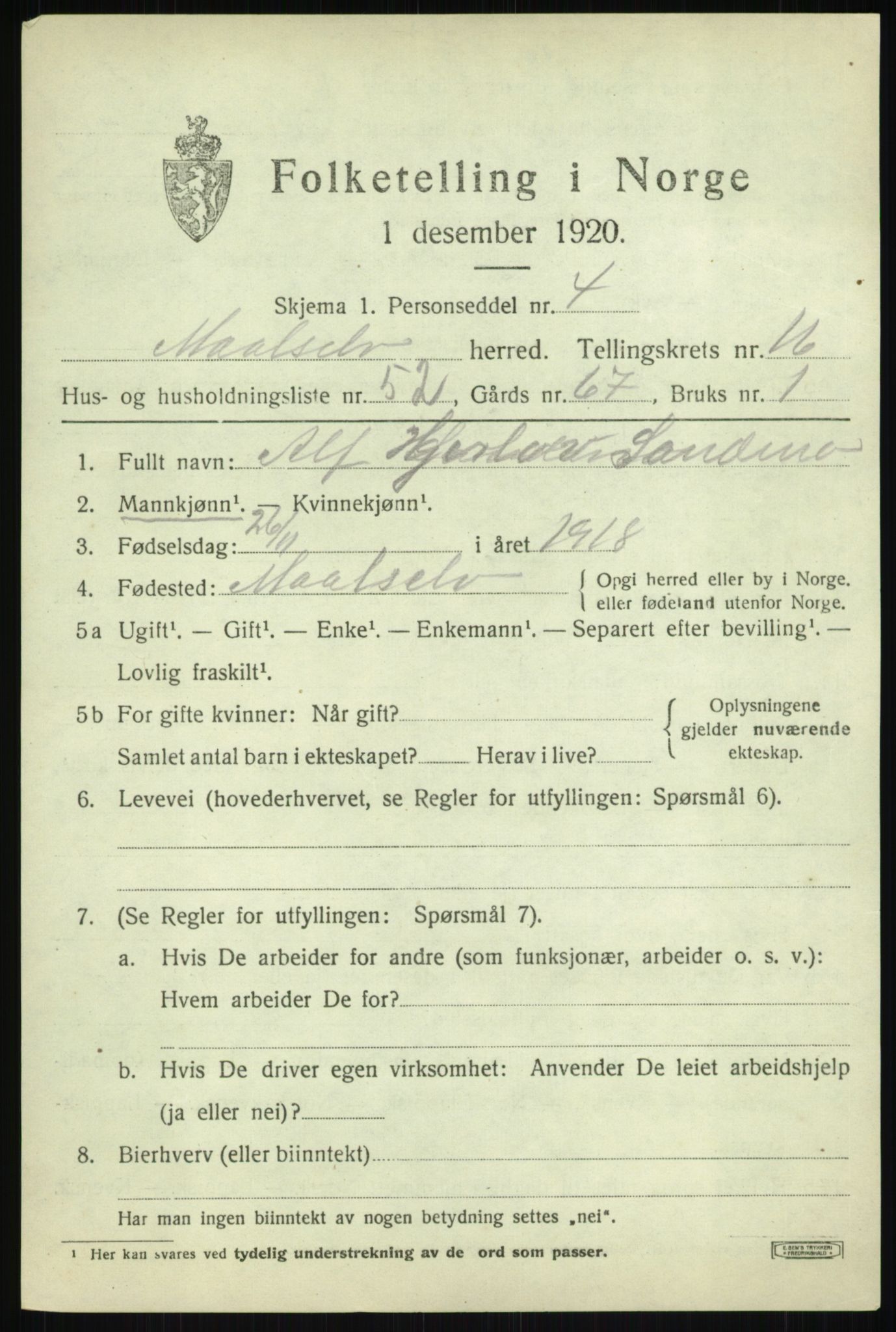 SATØ, 1920 census for Målselv, 1920, p. 8623