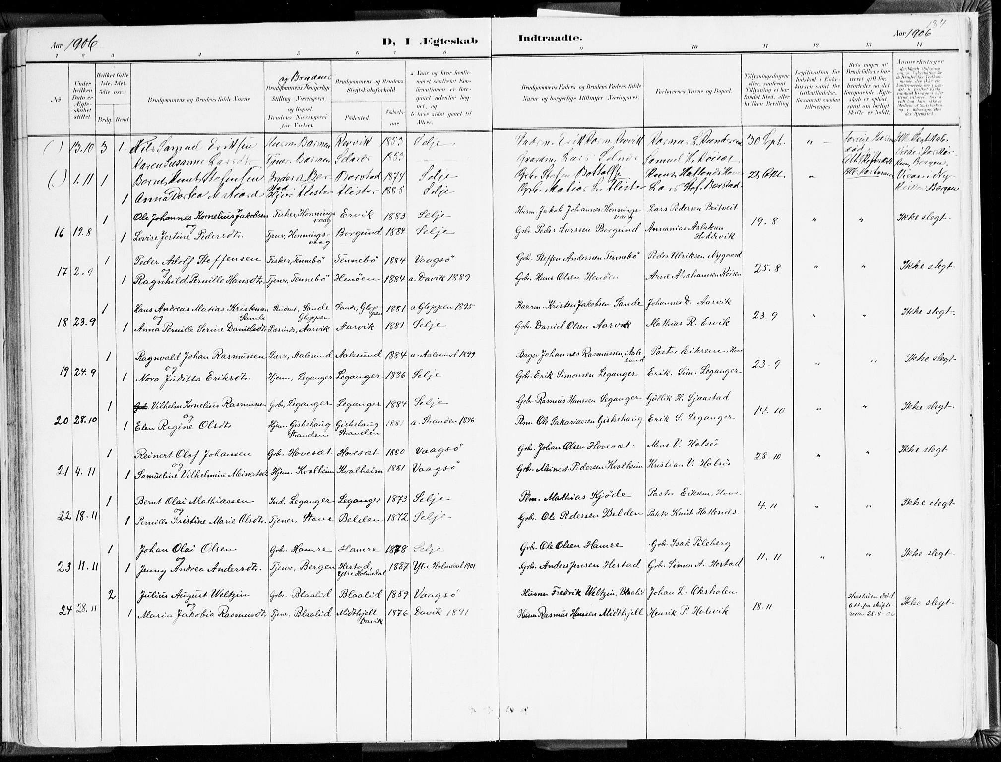 Selje sokneprestembete, AV/SAB-A-99938/H/Ha/Haa/Haab: Parish register (official) no. B 2, 1891-1907, p. 184