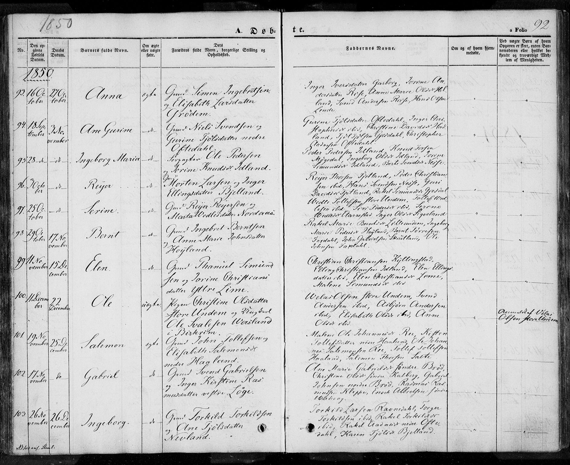 Lye sokneprestkontor, AV/SAST-A-101794/001/30BA/L0005: Parish register (official) no. A 5.1, 1842-1855, p. 92