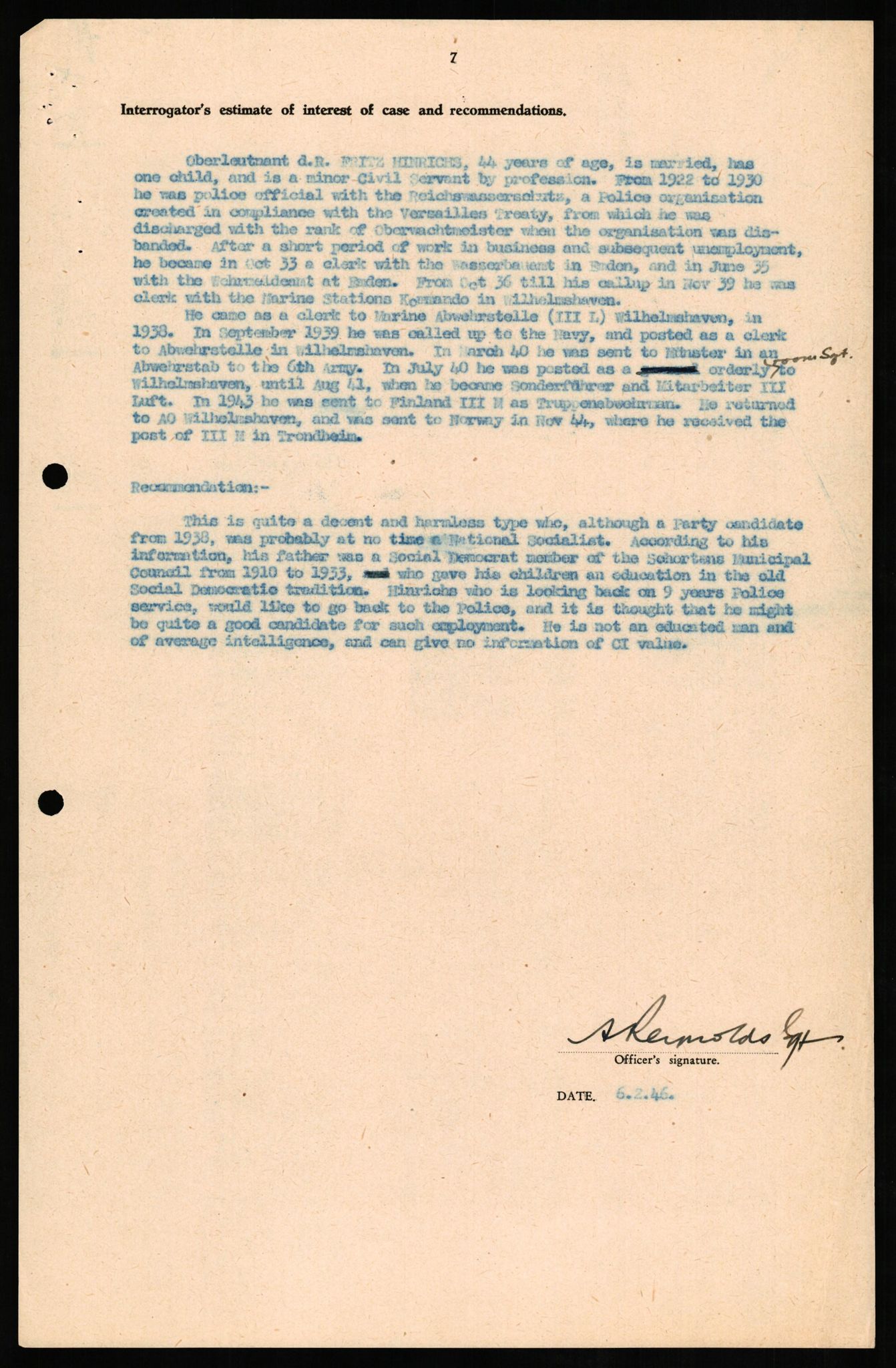 Forsvaret, Forsvarets overkommando II, AV/RA-RAFA-3915/D/Db/L0013: CI Questionaires. Tyske okkupasjonsstyrker i Norge. Tyskere., 1945-1946, p. 290