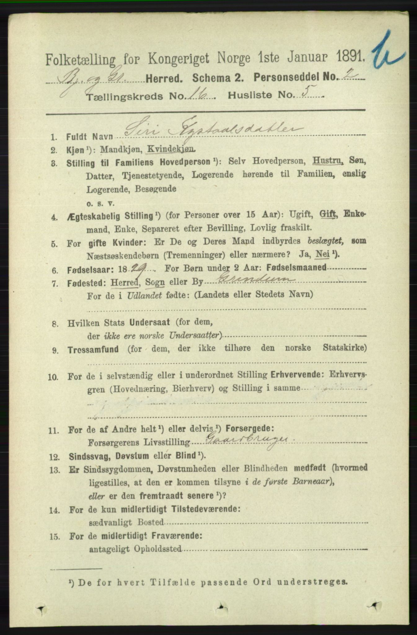 RA, 1891 census for 1024 Bjelland og Grindheim, 1891, p. 793