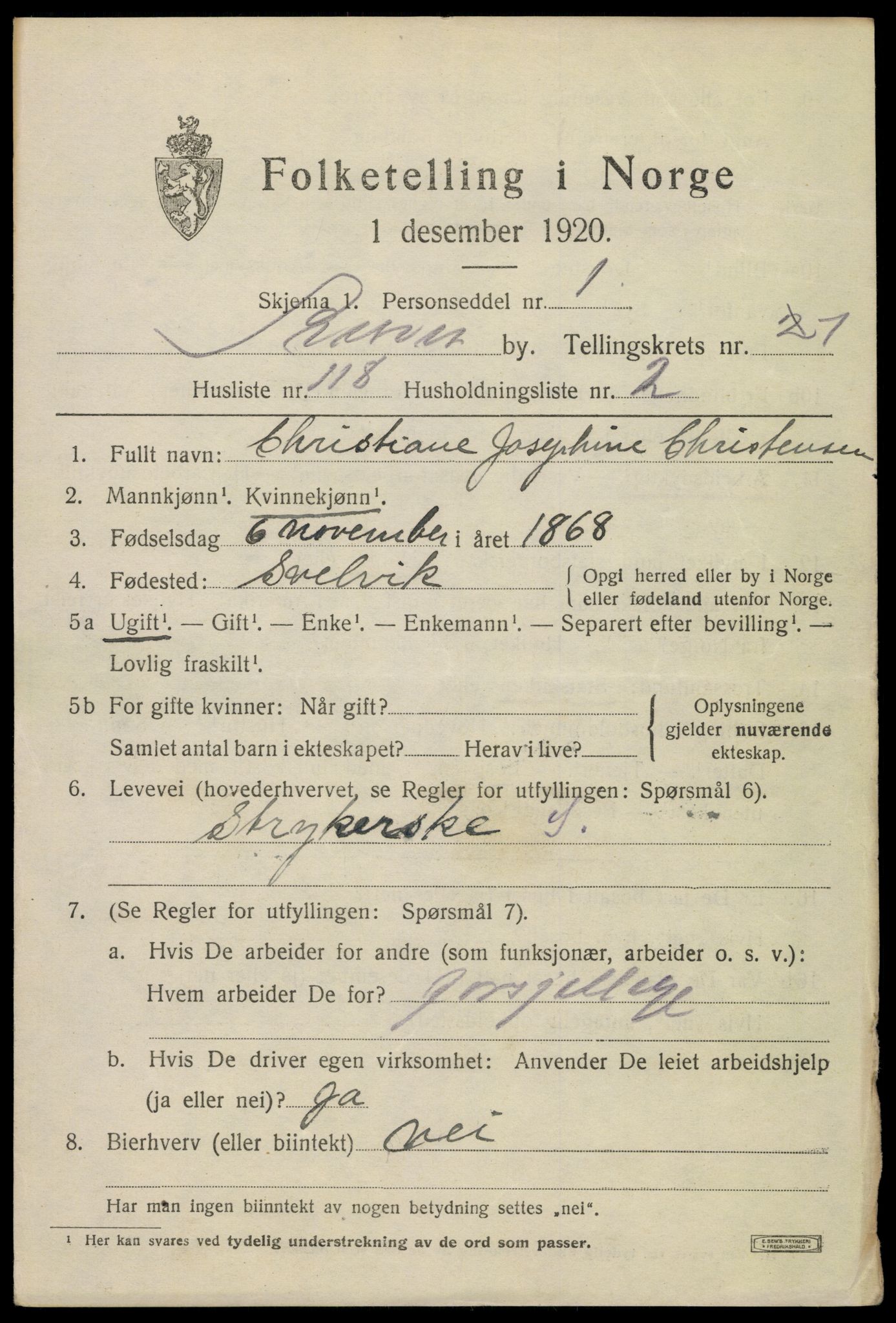 SAKO, 1920 census for Svelvik, 1920, p. 3579