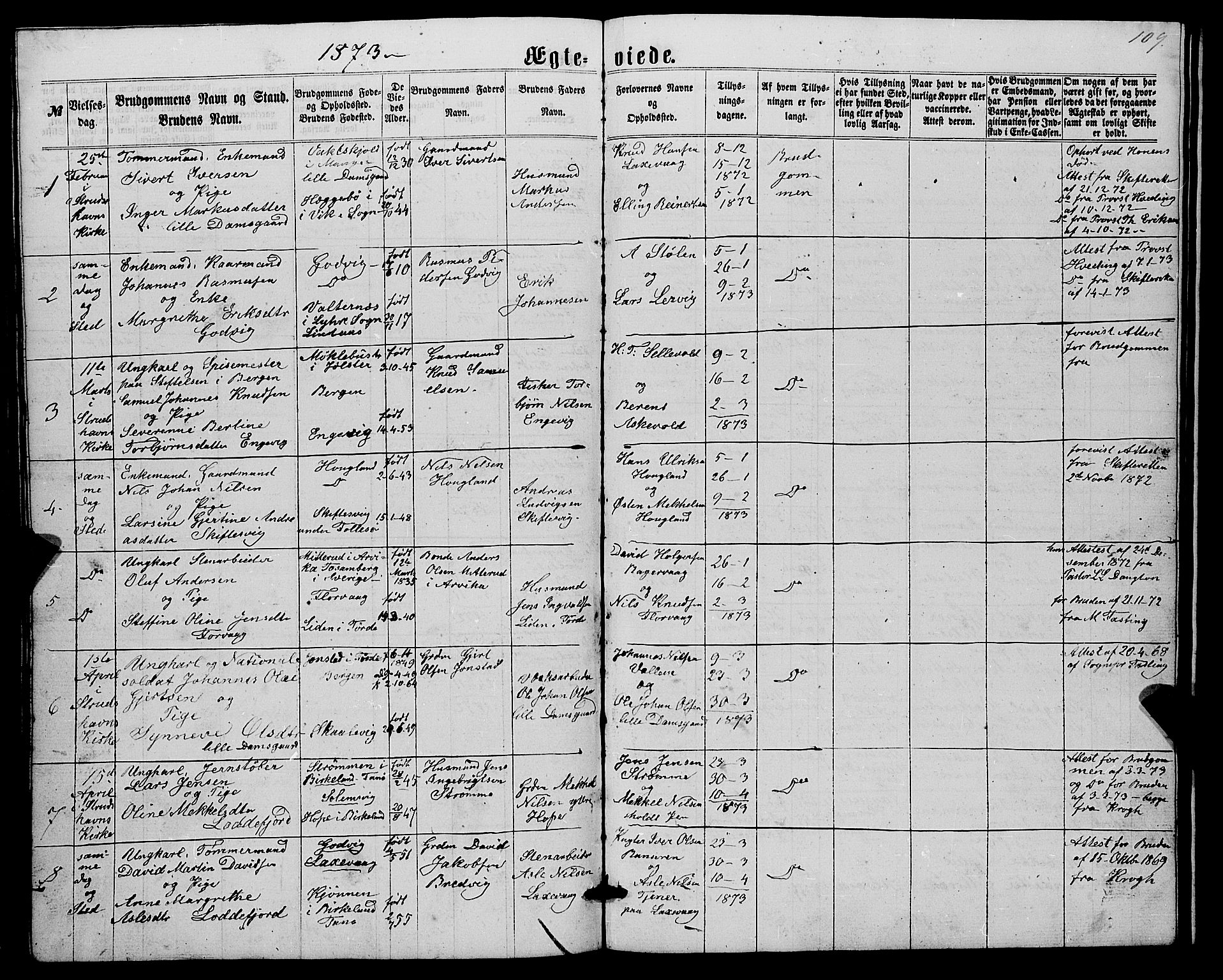 Askøy Sokneprestembete, AV/SAB-A-74101/H/Ha/Hab/Haba/L0006: Parish register (copy) no. A 6, 1861-1881, p. 109