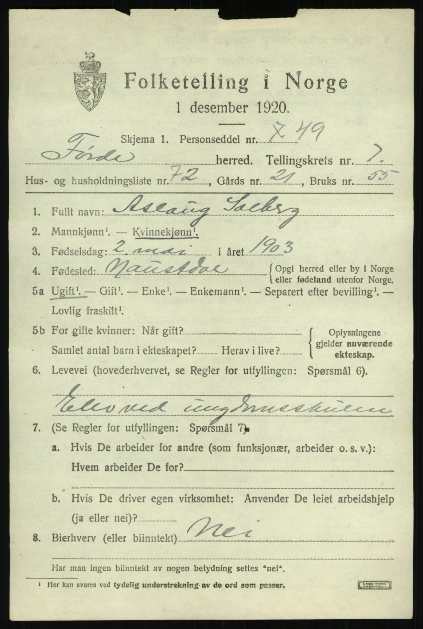 SAB, 1920 census for Førde, 1920, p. 3176