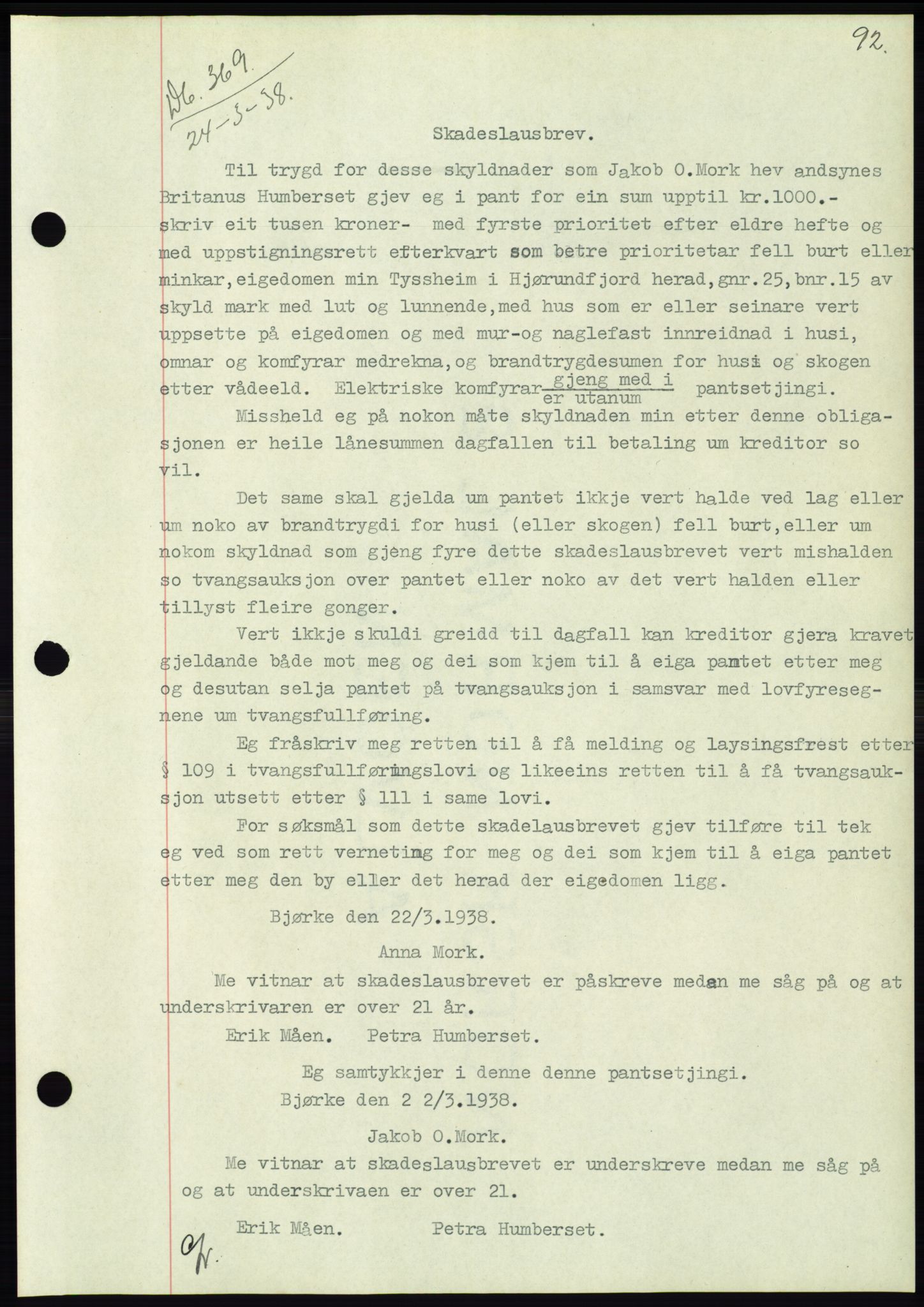 Søre Sunnmøre sorenskriveri, AV/SAT-A-4122/1/2/2C/L0065: Mortgage book no. 59, 1938-1938, Diary no: : 369/1938