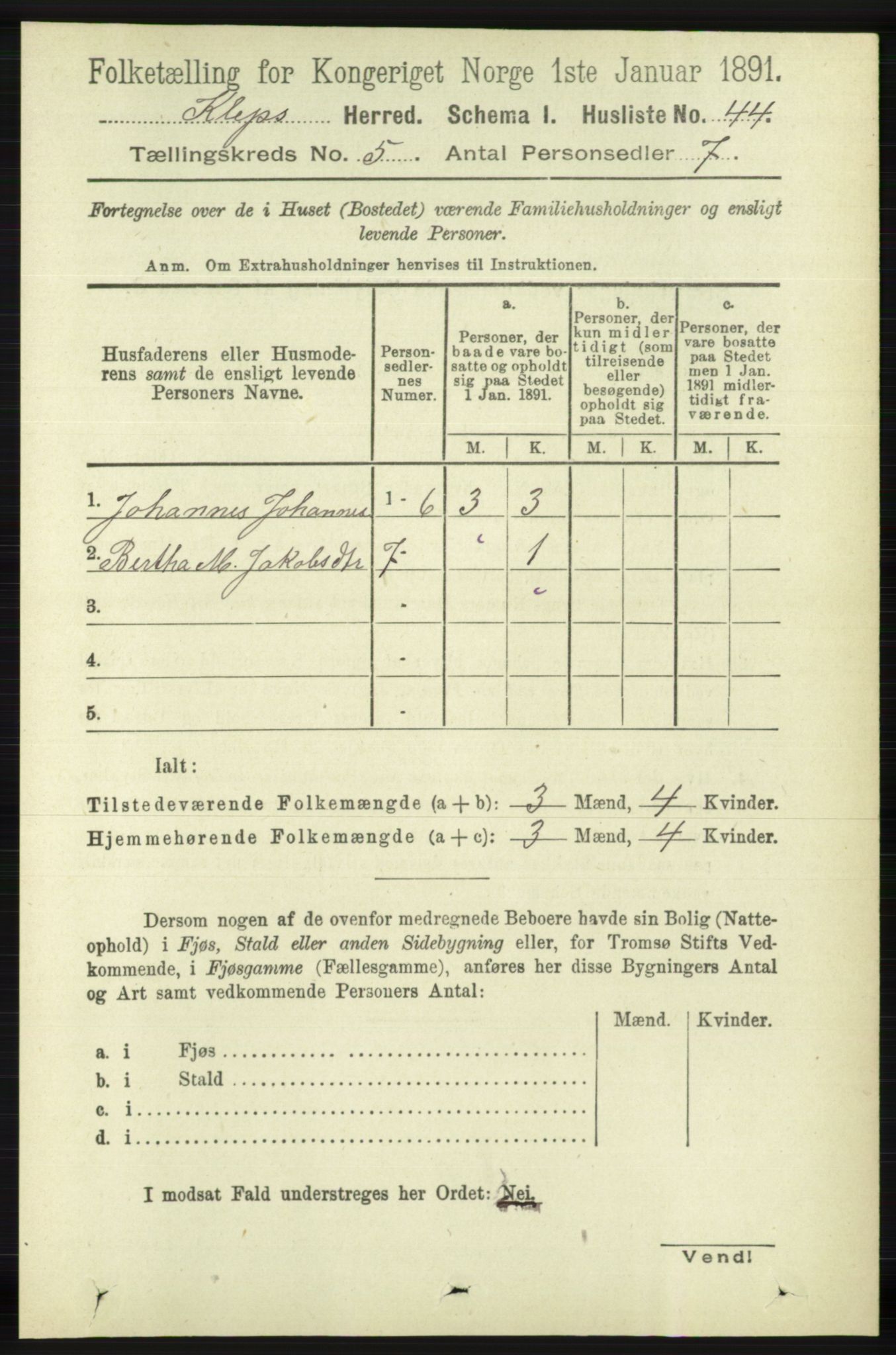 RA, 1891 census for 1120 Klepp, 1891, p. 1332