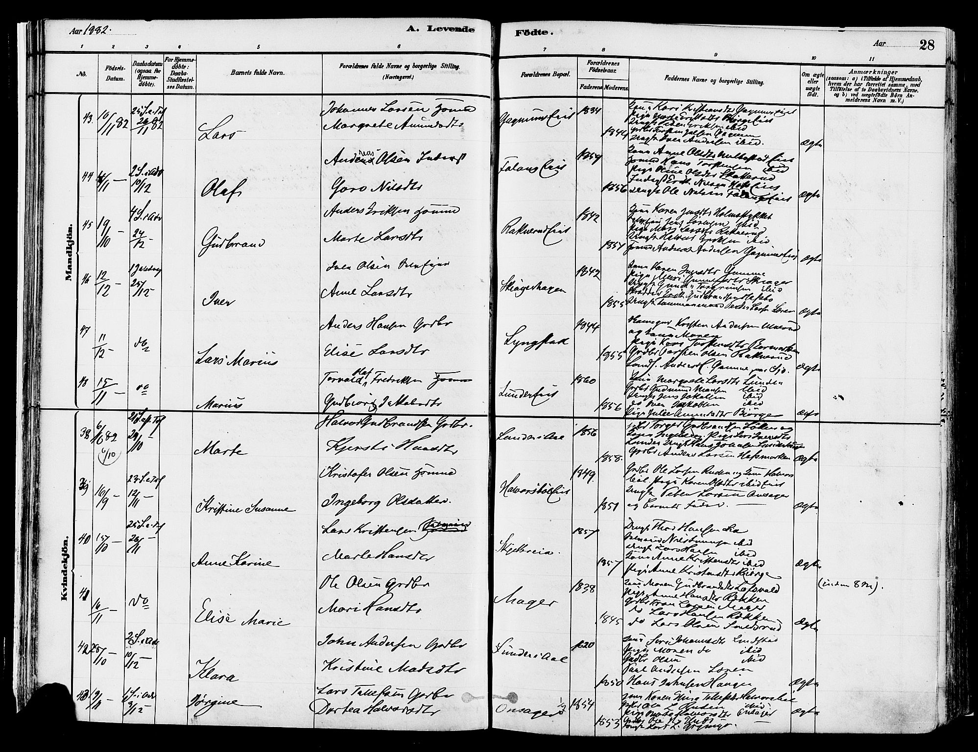 Gran prestekontor, SAH/PREST-112/H/Ha/Haa/L0014: Parish register (official) no. 14, 1880-1889, p. 28