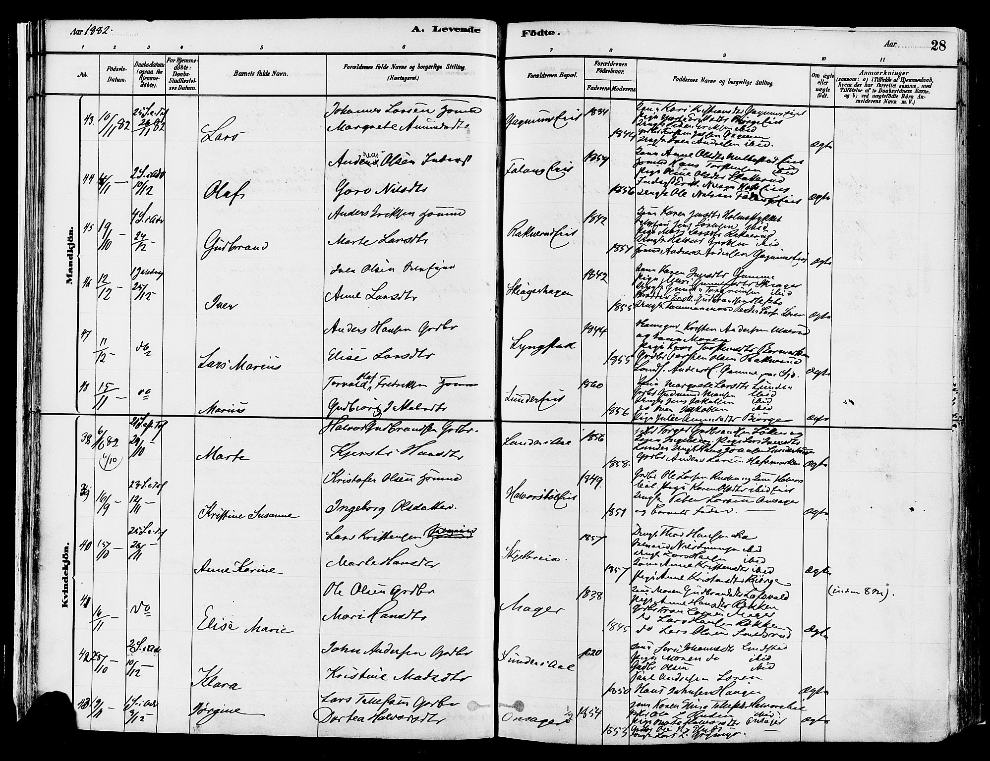 Gran prestekontor, AV/SAH-PREST-112/H/Ha/Haa/L0014: Parish register (official) no. 14, 1880-1889, p. 28