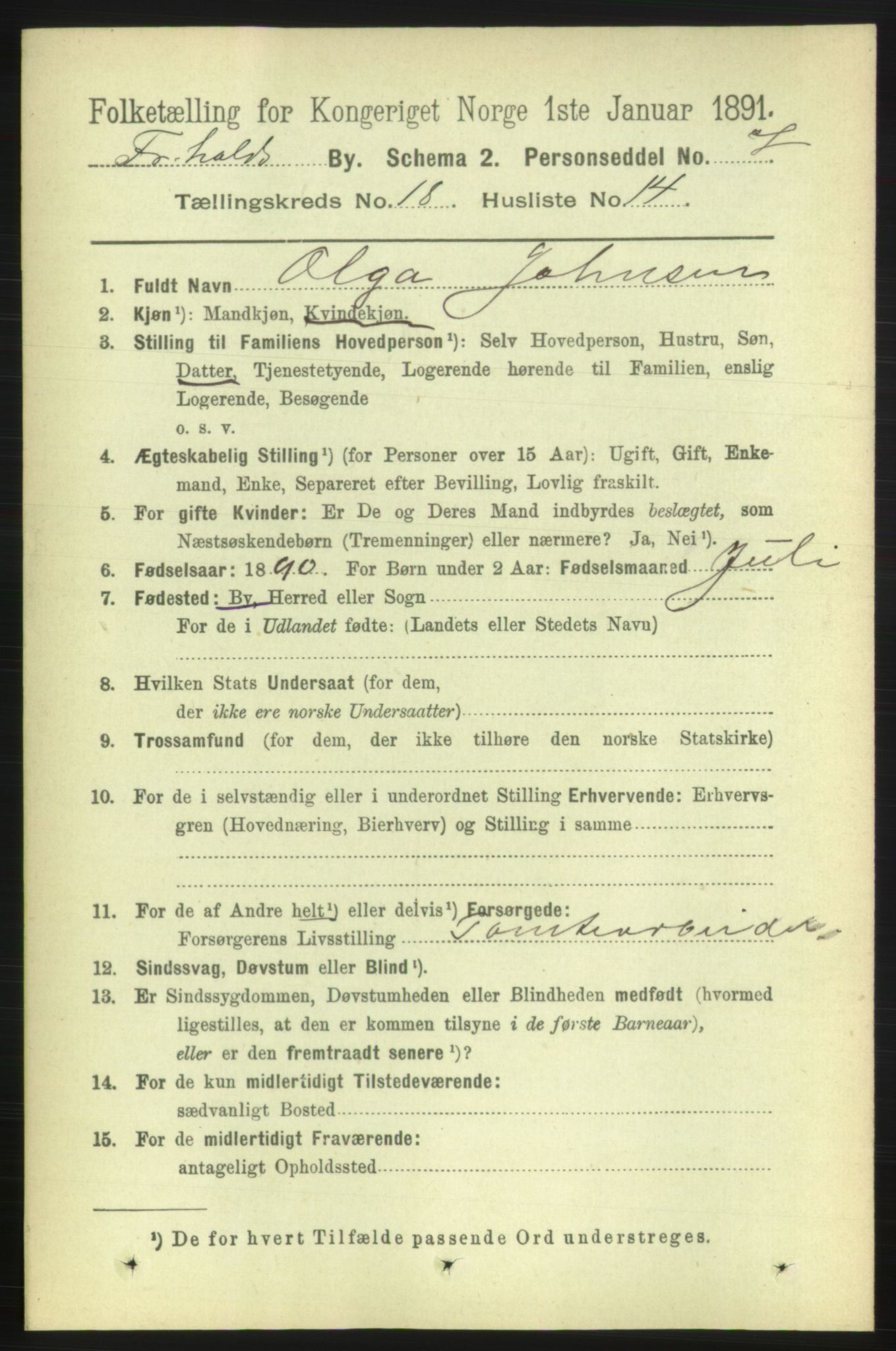 RA, 1891 census for 0101 Fredrikshald, 1891, p. 11550
