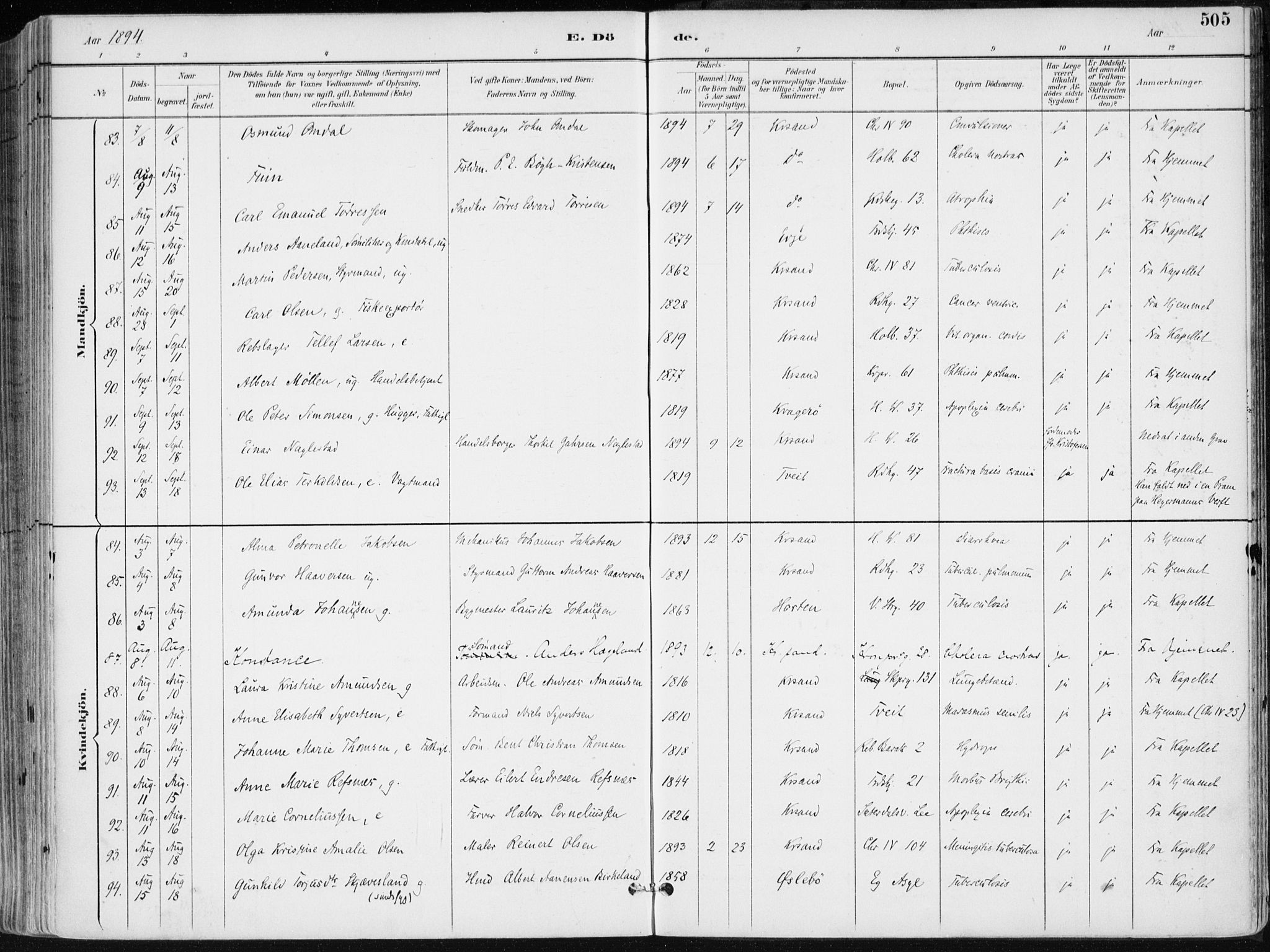 Kristiansand domprosti, SAK/1112-0006/F/Fa/L0019: Parish register (official) no. A 18, 1890-1897, p. 505