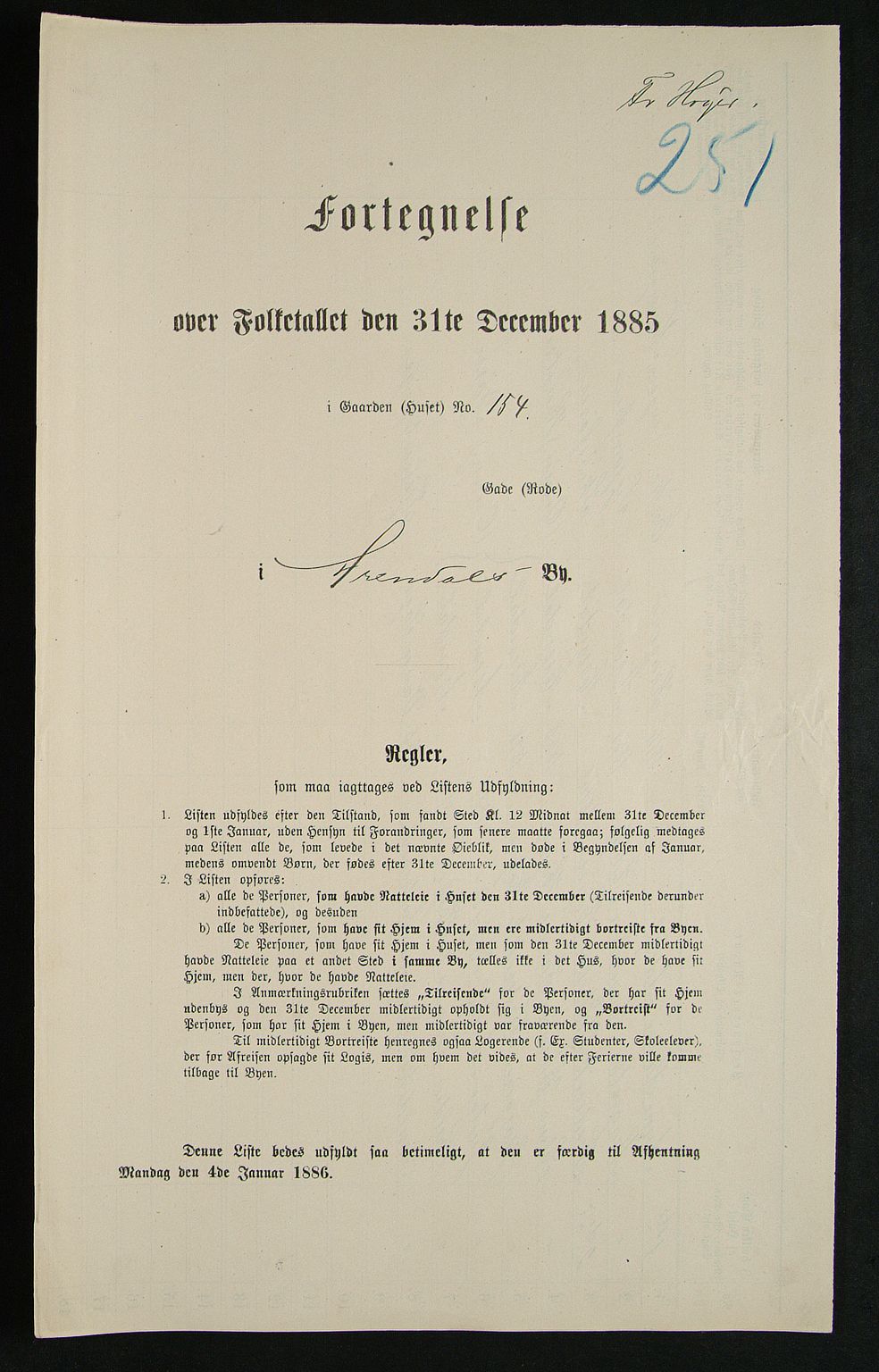 SAK, 1885 census for 0903 Arendal, 1885, p. 251