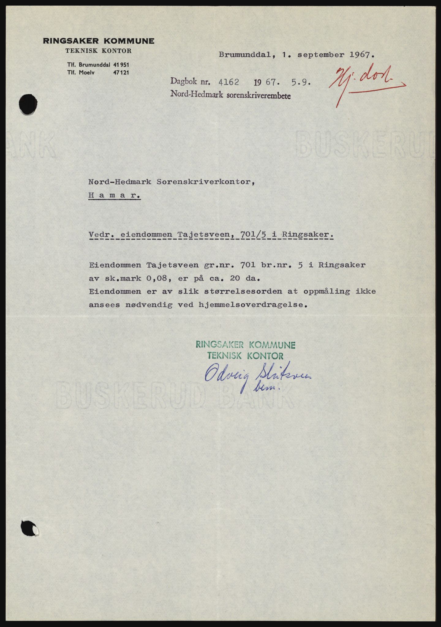 Nord-Hedmark sorenskriveri, SAH/TING-012/H/Hc/L0026: Mortgage book no. 26, 1967-1967, Diary no: : 4162/1967