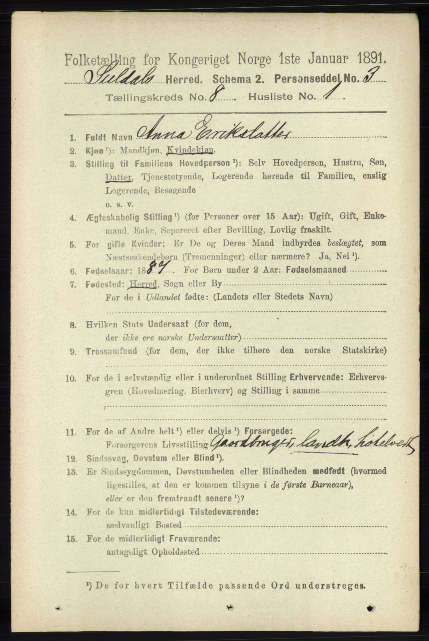 RA, 1891 census for 1134 Suldal, 1891, p. 2298