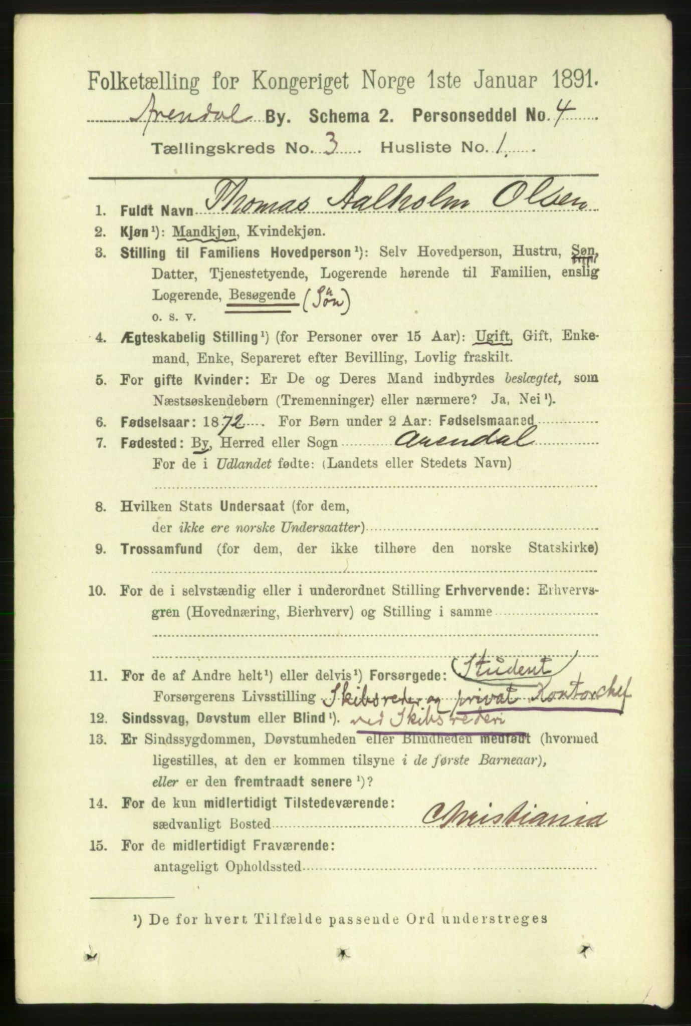 RA, 1891 census for 0903 Arendal, 1891, p. 1441