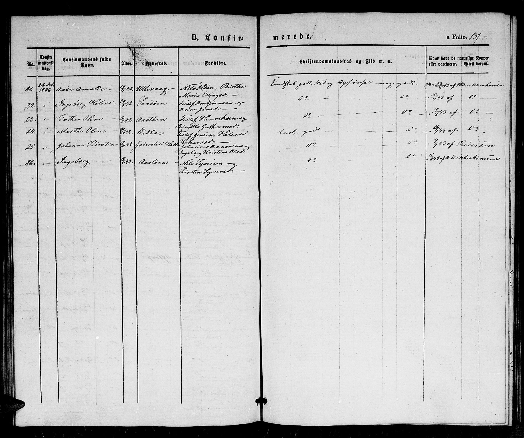 Dypvåg sokneprestkontor, AV/SAK-1111-0007/F/Fb/Fba/L0010: Parish register (copy) no. B 10, 1842-1857, p. 137