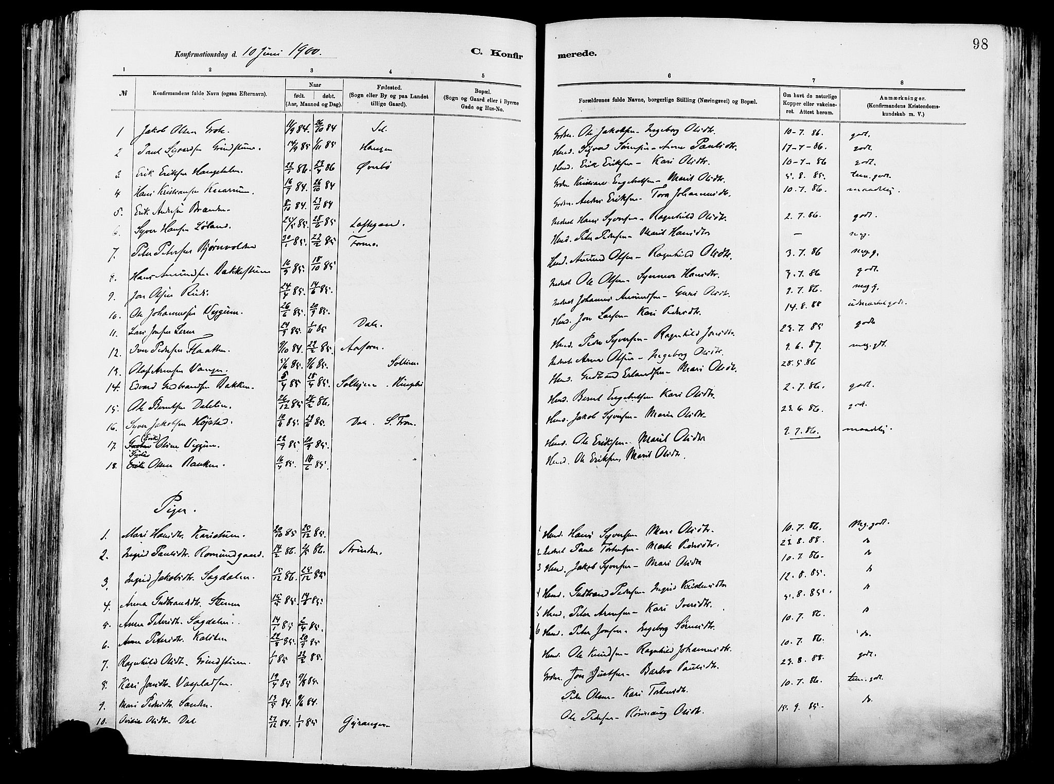 Vågå prestekontor, SAH/PREST-076/H/Ha/Haa/L0008: Parish register (official) no. 8, 1886-1904, p. 98