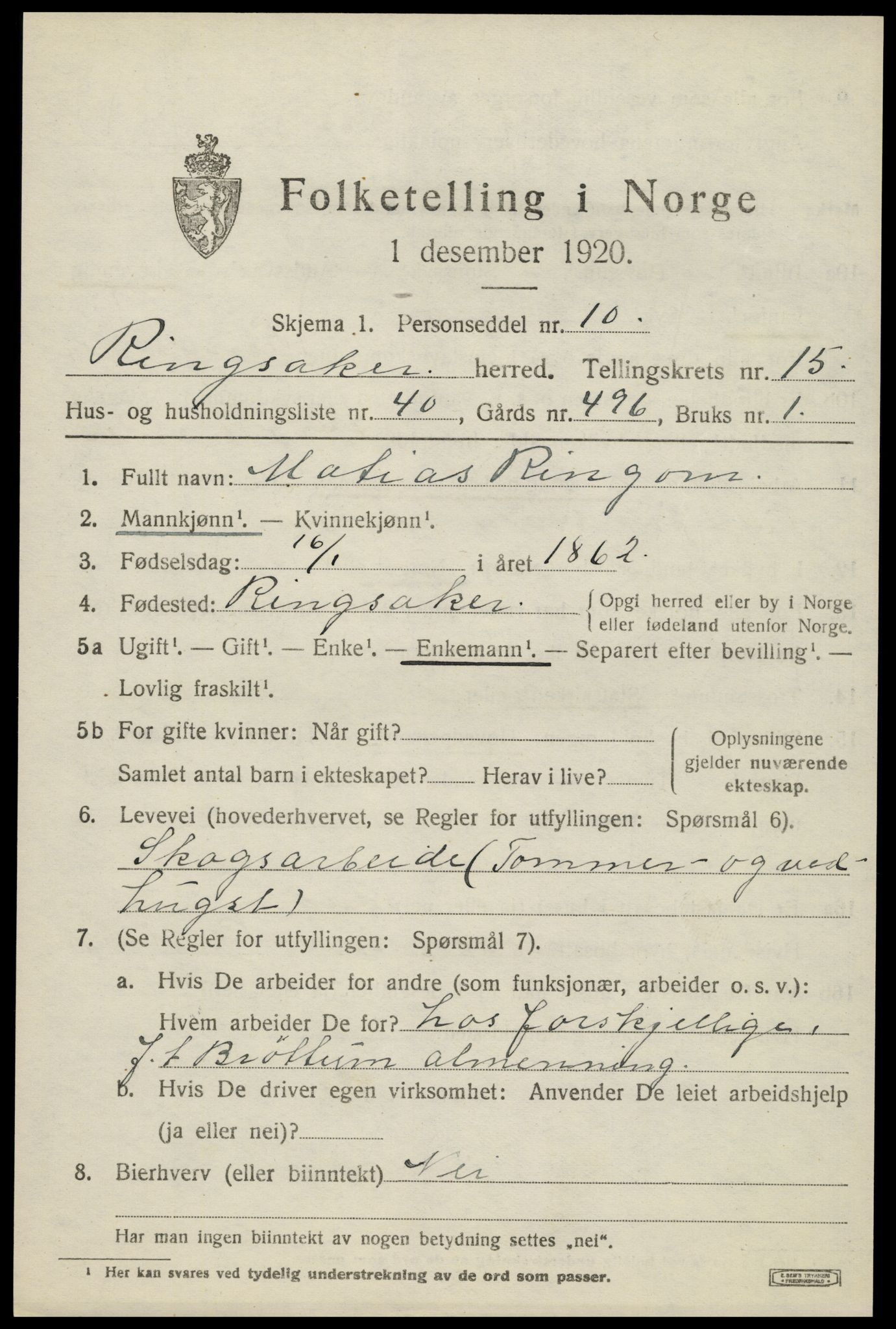 SAH, 1920 census for Ringsaker, 1920, p. 22304