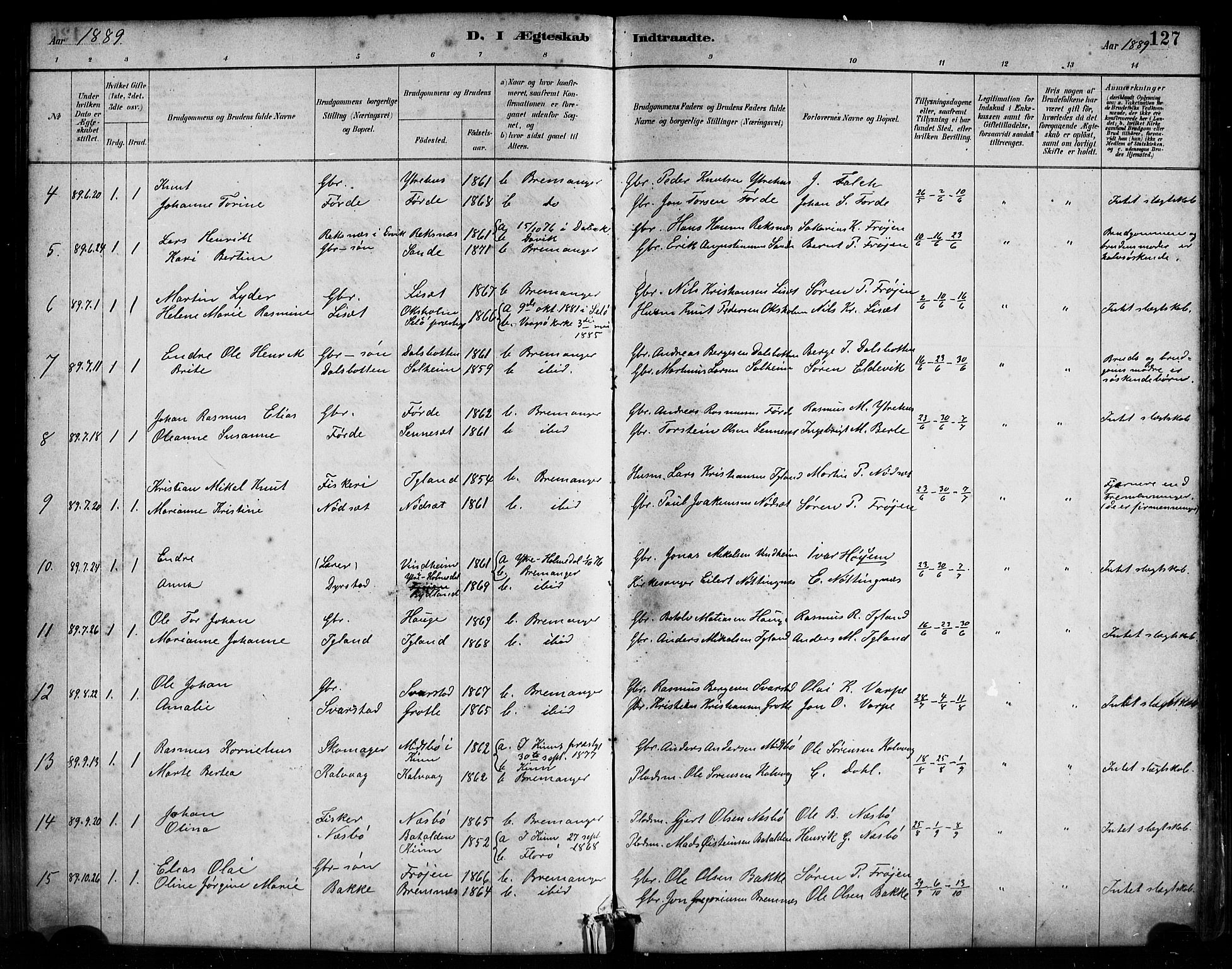 Bremanger sokneprestembete, AV/SAB-A-82201/H/Haa/Haab/L0001: Parish register (official) no. B 1, 1884-1895, p. 127